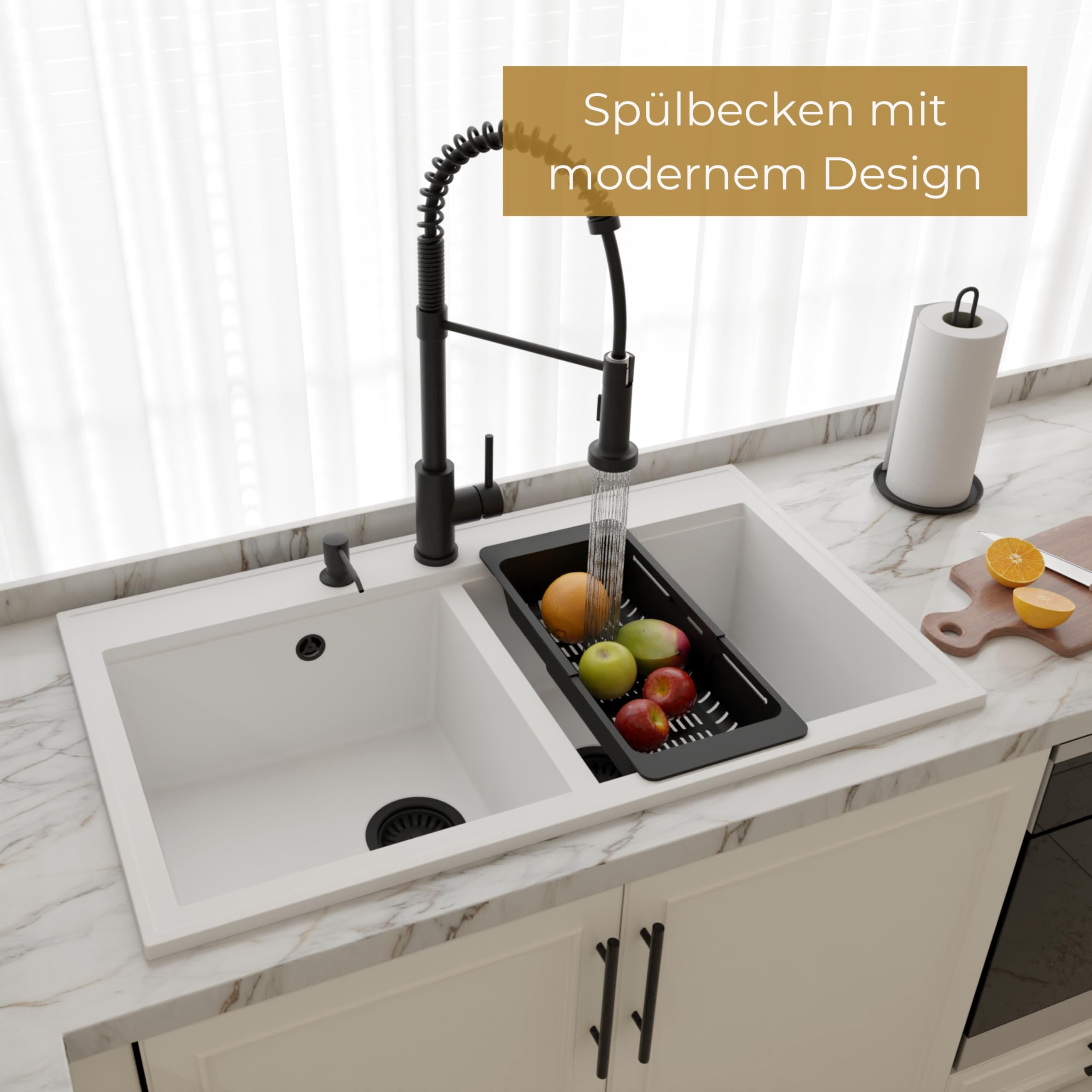 SINK QUALITY podwójny zlew szary z armaturą, zlewozmywak granitowy podwójny 86 x 50 cm, podwójny zlew z syfonem i substancją impregnującą, 2 umywalki zlewozmywak kuchenny od szafki pod umywalkę 85