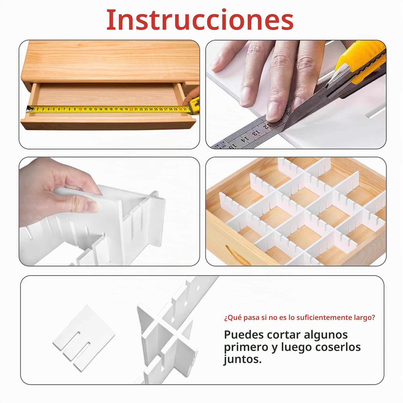 Separadores para cajones ajustables de plástico 42x9 cm organizadores modulares rejilla armario escritorio baño blanco
