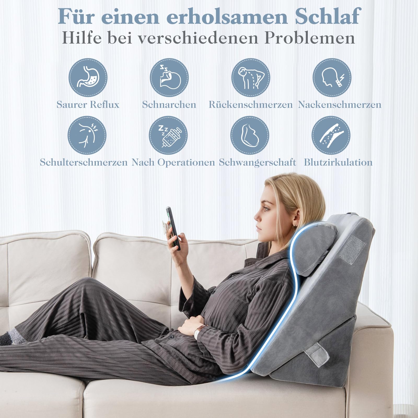 COSTWAY 3 teiliges Keilkissen Set, Memory-Schaum Dreieckskissen zur Linderung von Rücken-, Bein-, Arm- & Knieschmerzen, Reflux Kissen nach Operationen hilft bei Schnarchen und Sodbrennen, Grau