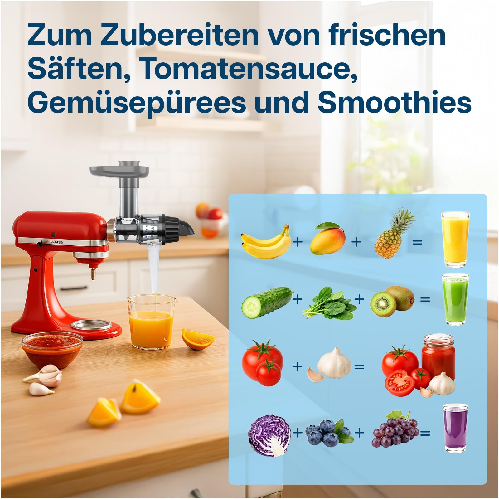 Entsafter Aufsatz für KitchenAid Standmixer von MMOBIEL – Slow Juicer Kaltentsafter & Frucht- und Gemüsesiebe – Inklusive Lebensmittelstopfer & Reinigungsbürste