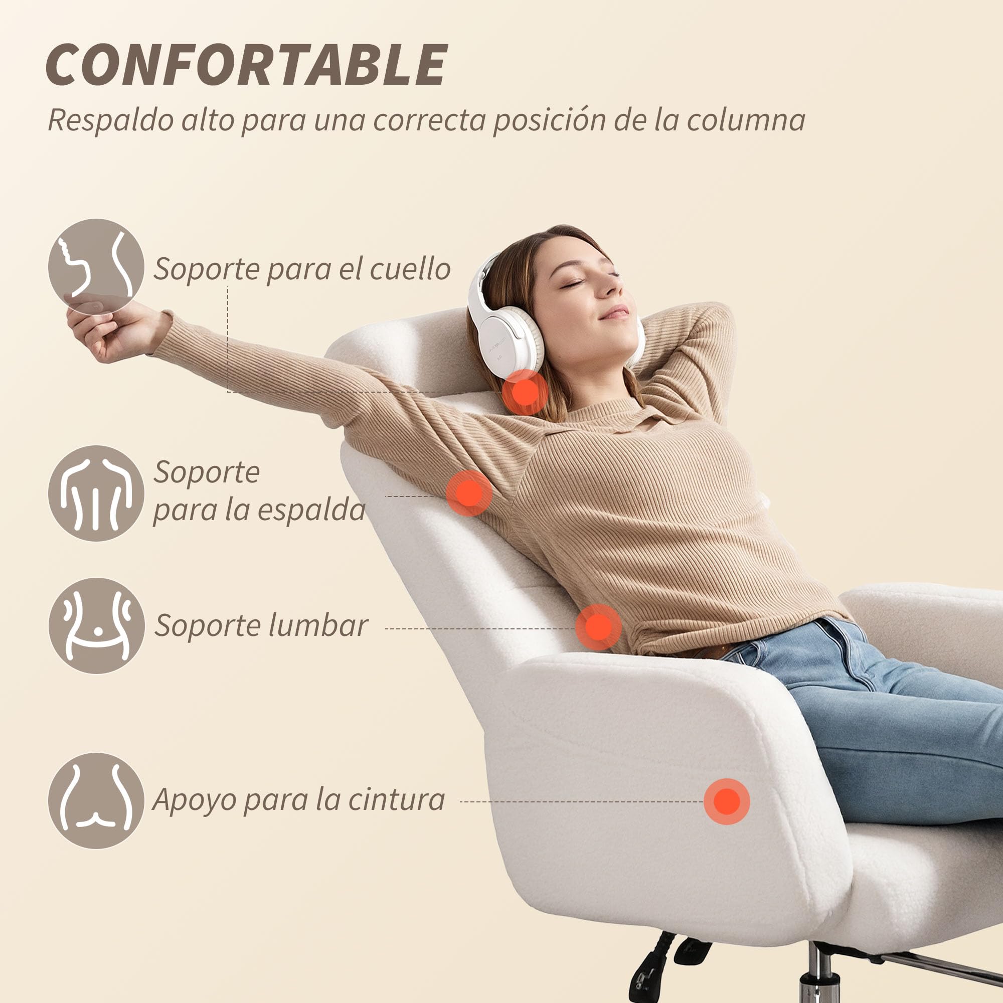 HOMCOM Silla de Escritorio con Reposapiés Silla de Oficina Borreguito Crema | Respaldo Reclinable, Reposacabezas Ajustable, Respaldo Alto, Altura Ajustable