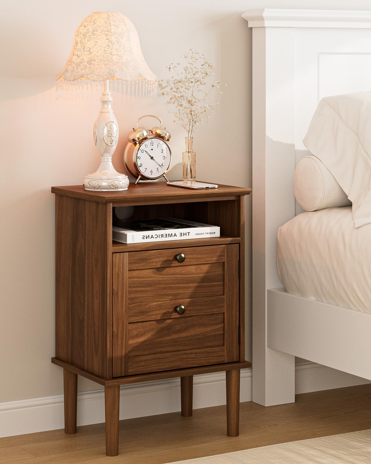 Photo 1 of Apetaccat Nightstand, Boho Night Stand with 1 Drawer, Modern Side Accent Table with Open Shelf, Wooden Top Bedside End Table for Bedroom, Living Room, Walnut