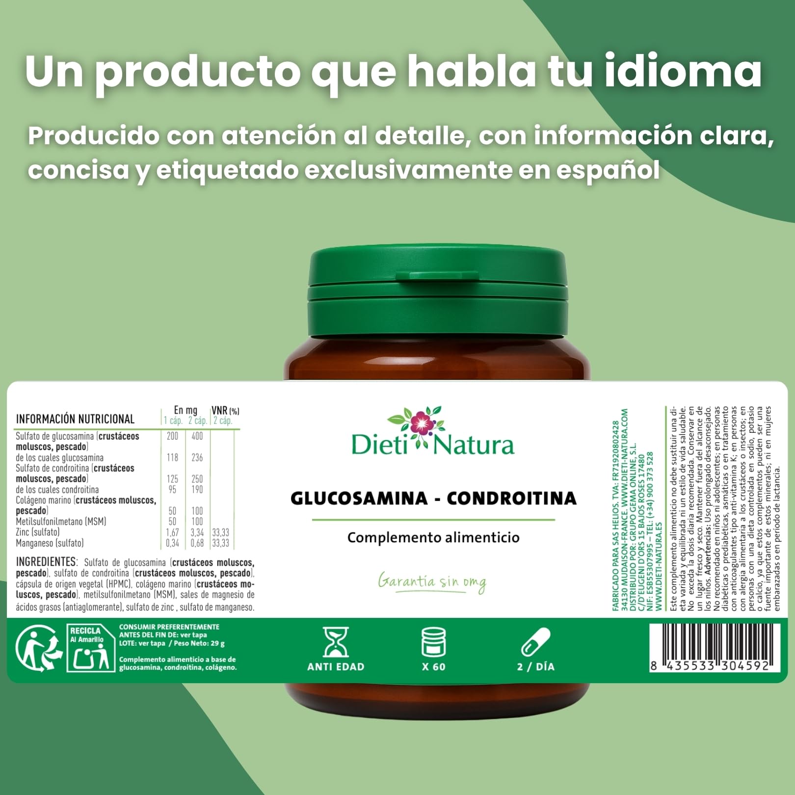 Dieti Natura Cápsulas de Glucosamina con Condroitina - Con MSM, Colágeno Marino, Zinc y Manganeso - Para la Flexibilidad y Movilidad de las articulaciones - Fabricado en Francia sin OMG (60 Cápsulas)