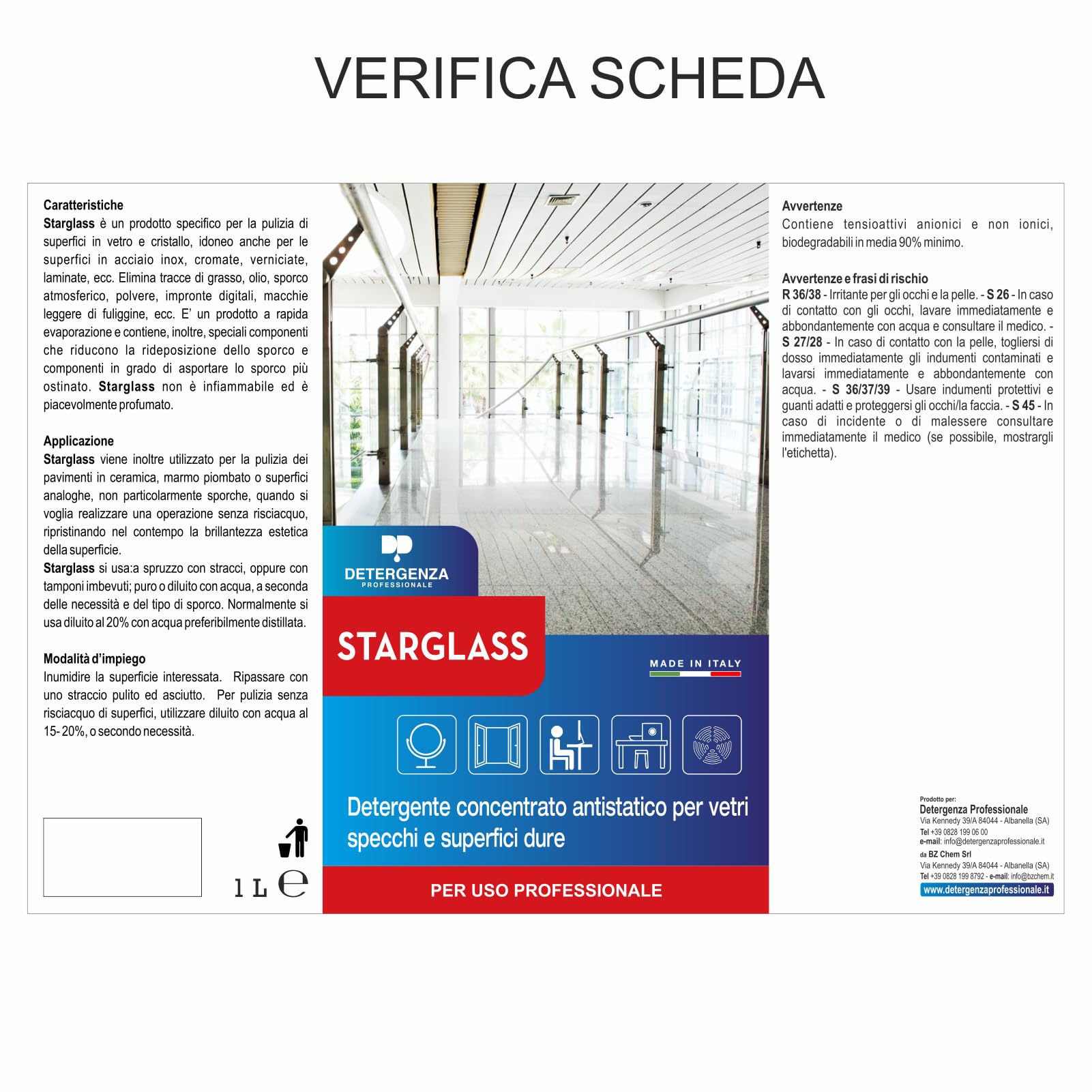 STARGLASS DETERGENTE CONCENTRATO Antistatico per VETRI SPECCHI E SUPERFICI DURE 1 L