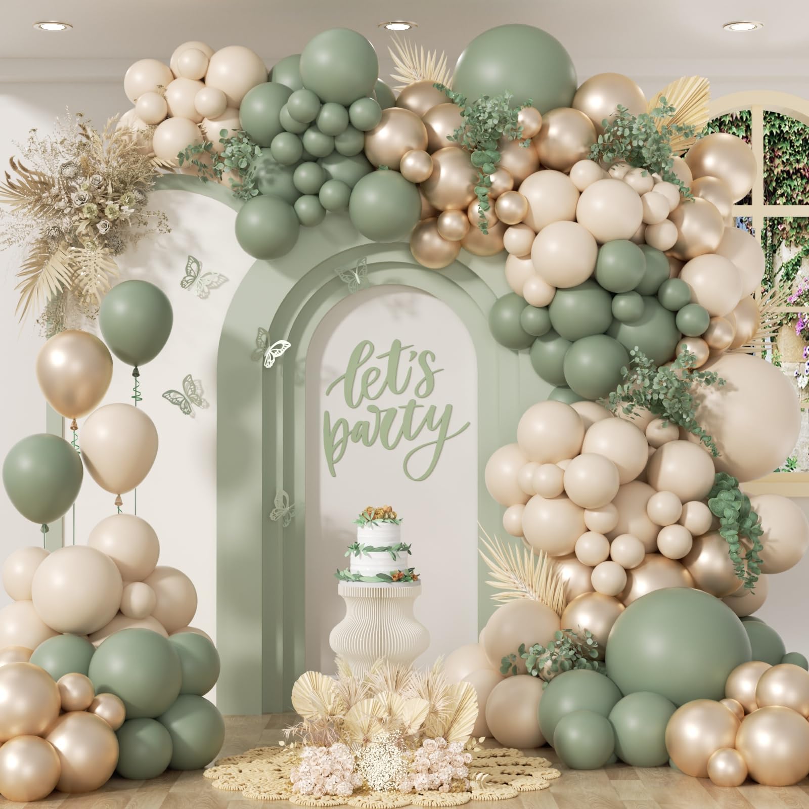 130Pcs Sage Green Balloon Garland Arch Kit with Sage Green Sand White Gold Balloons for Baby Shower Bridal Shower Birthday Engagement Birthday Party