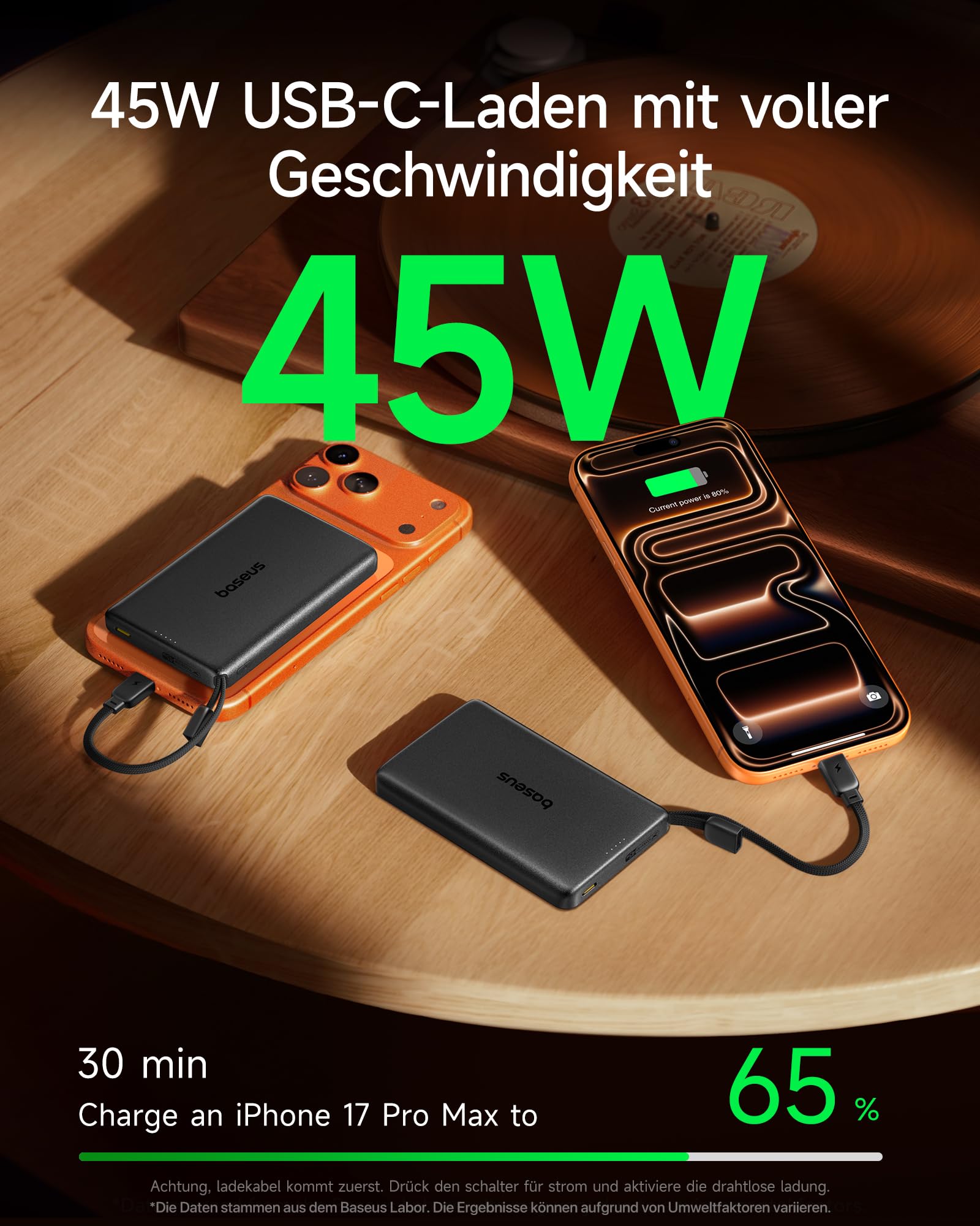 Baseus Picogo AM52 Power Bank, Qi2.2 Magsafe Powerbank 10000mAh, 25W Wireless, PD 45W Schnellladung, Integriertes USB C Kabel, Magnetische Externe Batterie Slim für iPhone 17/16/15/14/13/12, Schwarz