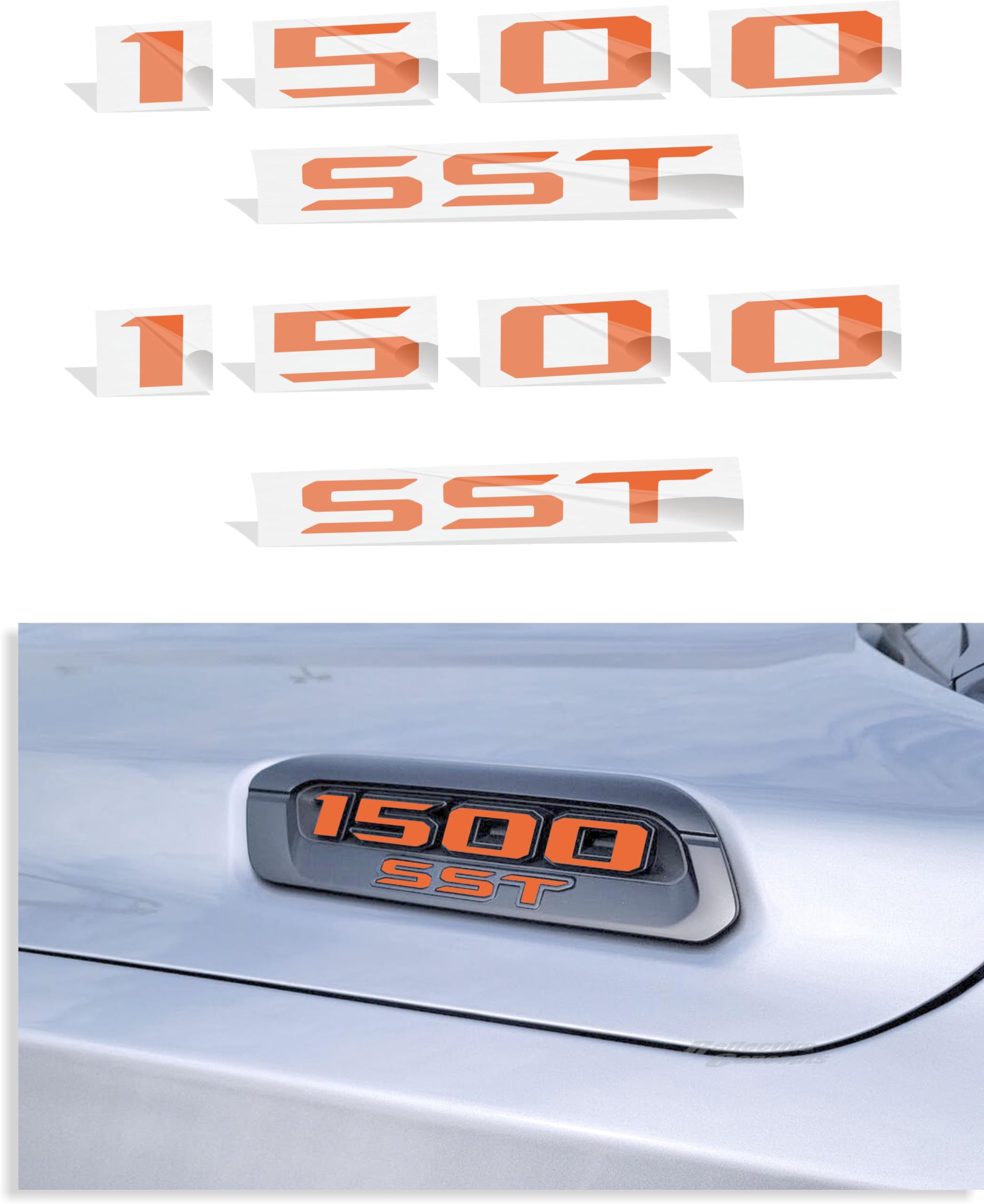 1500 SST Hood Emblem Overlay Decal Stickers - 2025 Ram 1500 Bighorn, Laramie and Warlock w/3.0 I6 Hurricane (Color: Reflective Orange)