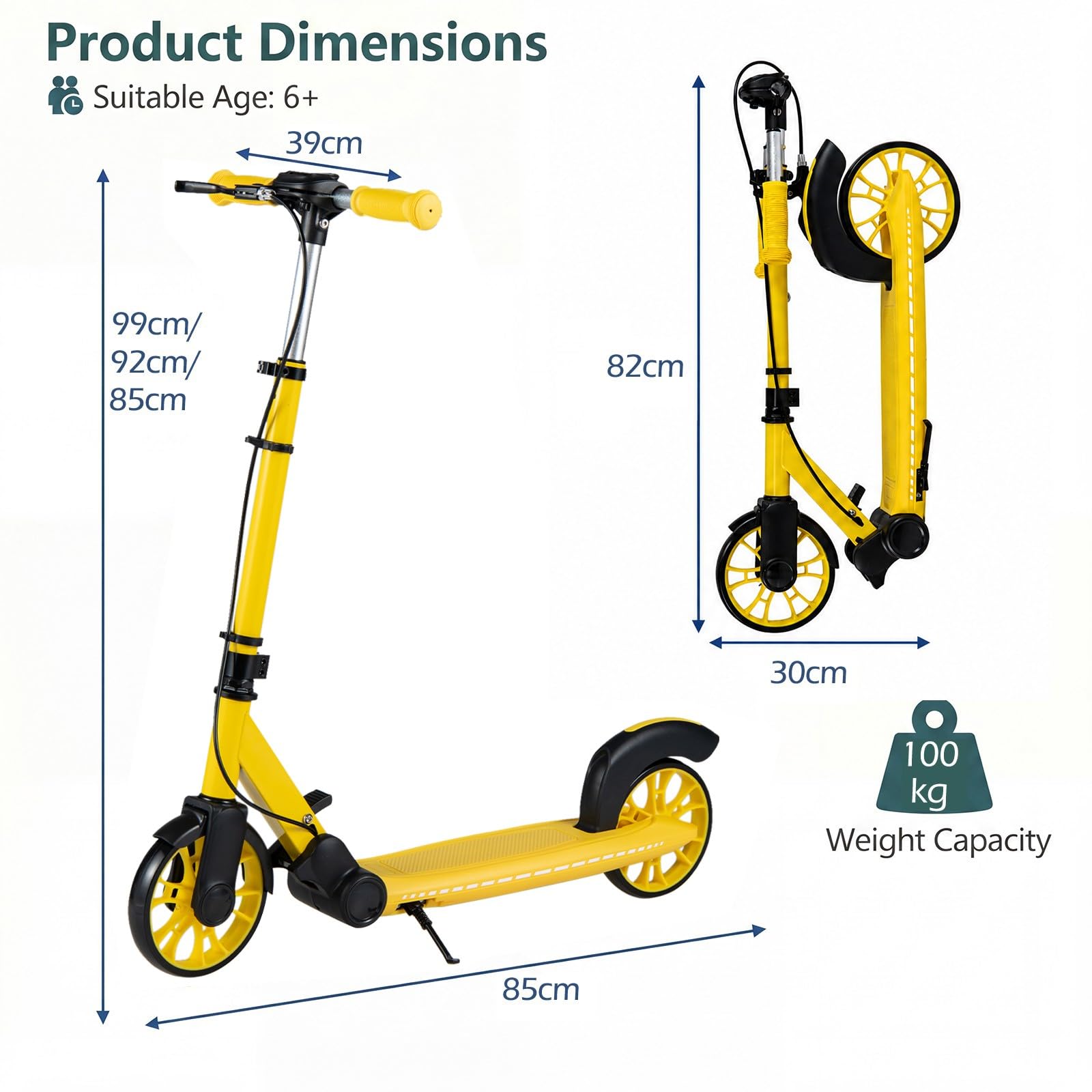 HOMASIS Trottinette Enfant et Adulte, Trottinette Pliable avec 2 Roues Lumineuses, Guidon Réglable en 3 Hauteurs, Béquille, Cadre en Aluminium, Plateforme Antidérapante, Charge 100 kg, 6+ Ans
