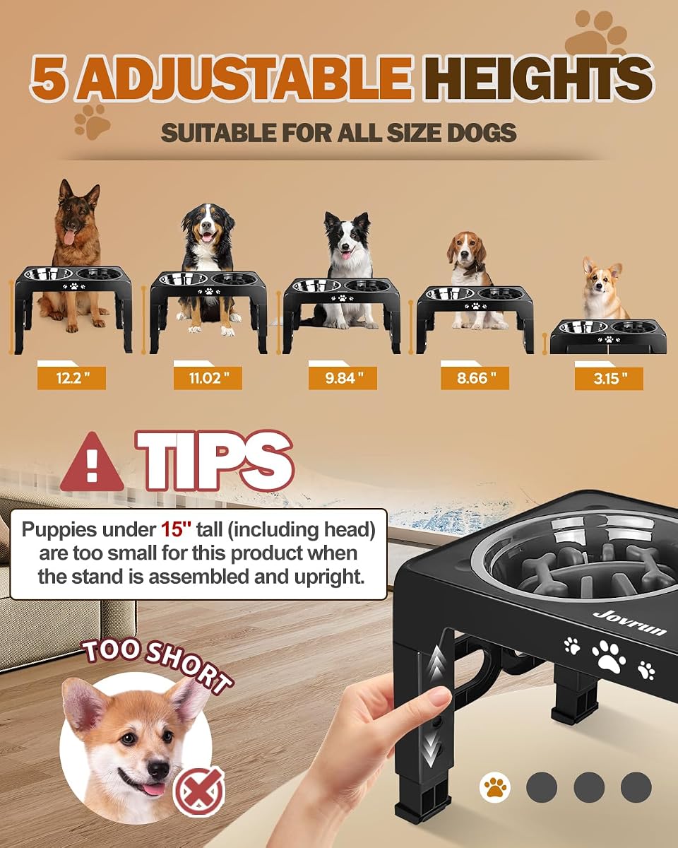 Jovrun Elevated Dog Bowls for Medium Large Size Dogs, Non-Slip Dog Feeder with 1*Stainless Steel Dishes & 1*Slow Feeder Bowl, 5 Heights Adjustable Raised Bowls to 3.15″-8.66″-9.84″-11.02″-12.2″ for Medium Large Dogs 1 Basic&1Slow Bowl Black image 1