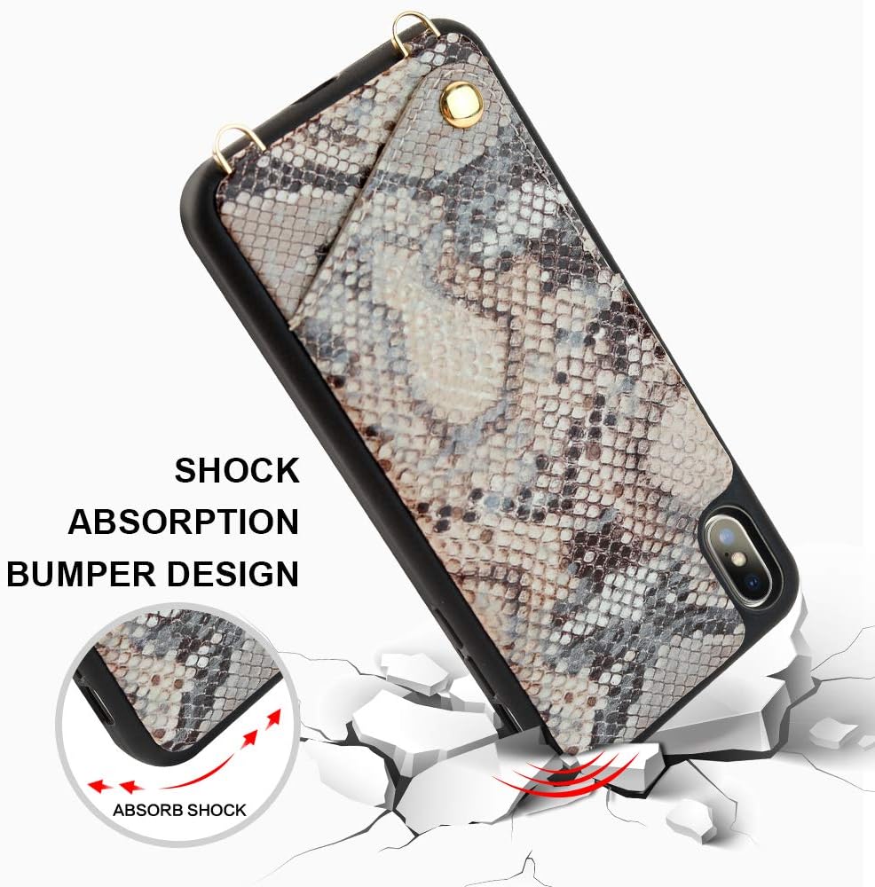 JLFCH iPhone Xs Wallet Case, iPhone Xs Crossbody Case, iPhone X Case with Card Slot Holder Crossbody/Shouder Strap Purse Handbag Case for Apple iPhone X/XS 5.8 inch - Snake Print Khaki