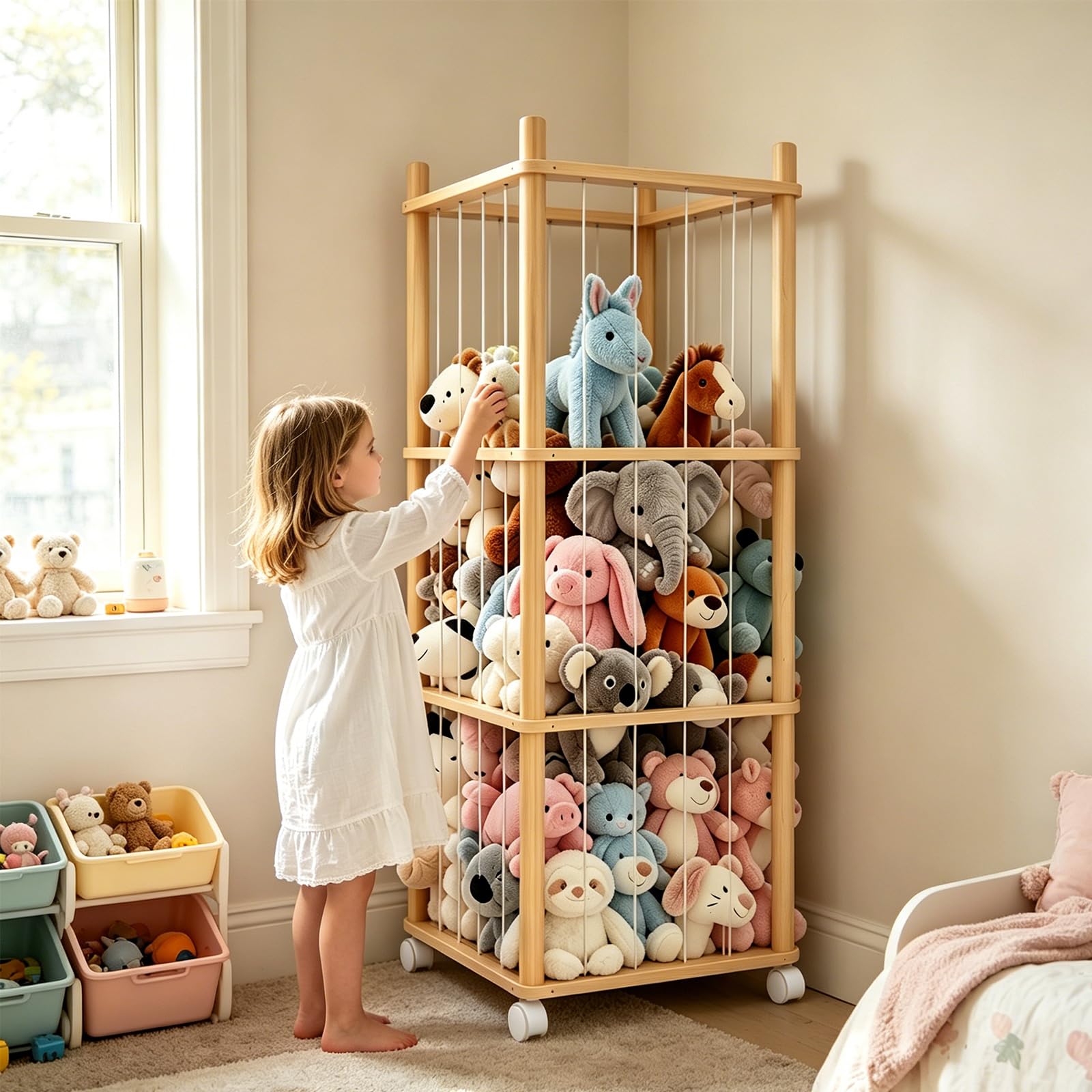 Kuscheltier Aufbewahrung, Stofftier Aufbewahrung mit 360°Drehrollen, Elastischem Band & Verbreiterter Sockel für Kinderzimmer Spielzimmer Schlafzimmer