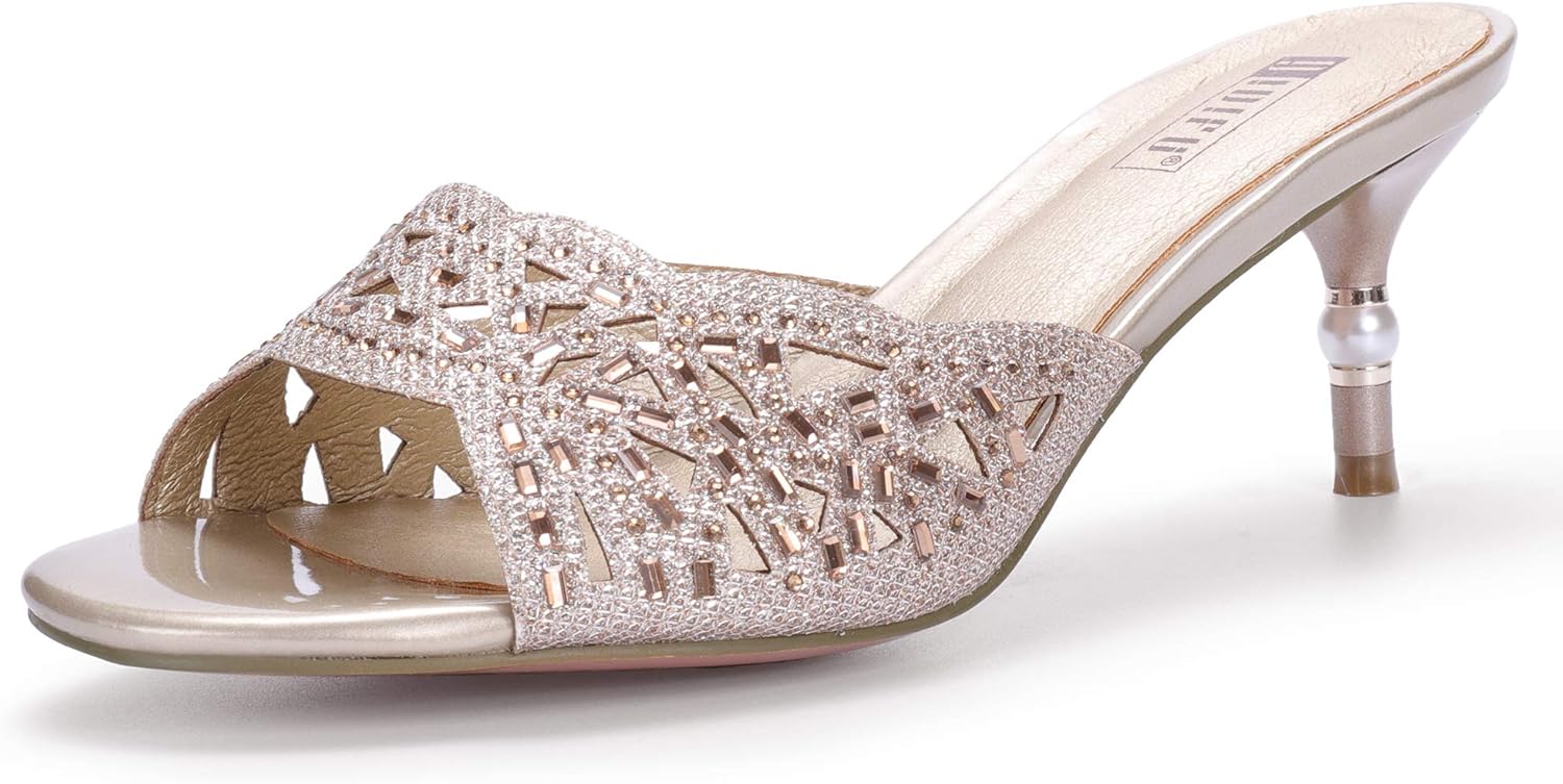 IDIFU Womens Silver Gold Wedding Shoes For Bride Bridesmaid Low Kitten Peep Toe Heels Dress Sandals Glitter Formal Slide Mules With Heel