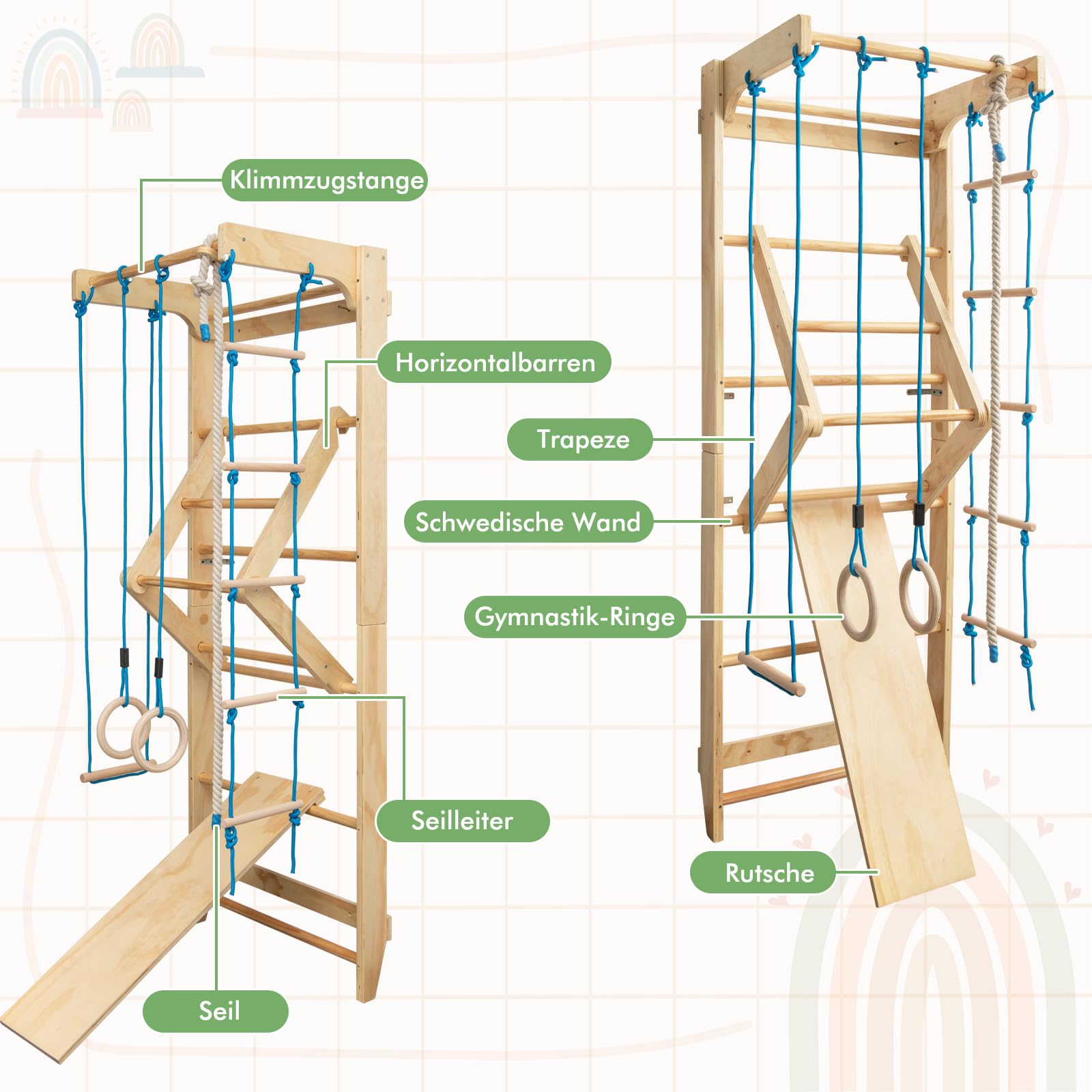COSTWAY Sprossenwand, Kletterwand für Kinder und Erwachsener, Turnwand aus Holz, Klettergerüst Indoor, inkl. Klimmzugstange/Ringe/Trapez/Strickleiter/Kletterseil, bis 100kg belastbar, 220 x 80 x 60 cm