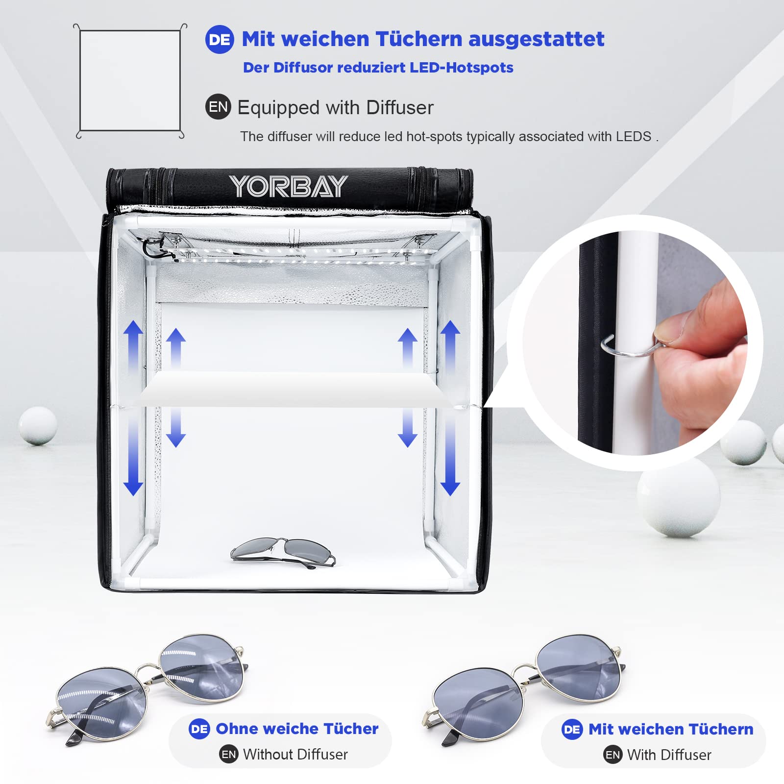 Yorbay Tenda Studio Fotografico Luminosità Regolabile 40 x 40 x 40 cm CRI 95+, Fotografica a LED Scatola Luminosa Cubo Luminoso Professionale, 4 Fogli di Sfondo in PVC (Nero/Bianco/Grigio/Rosso)
