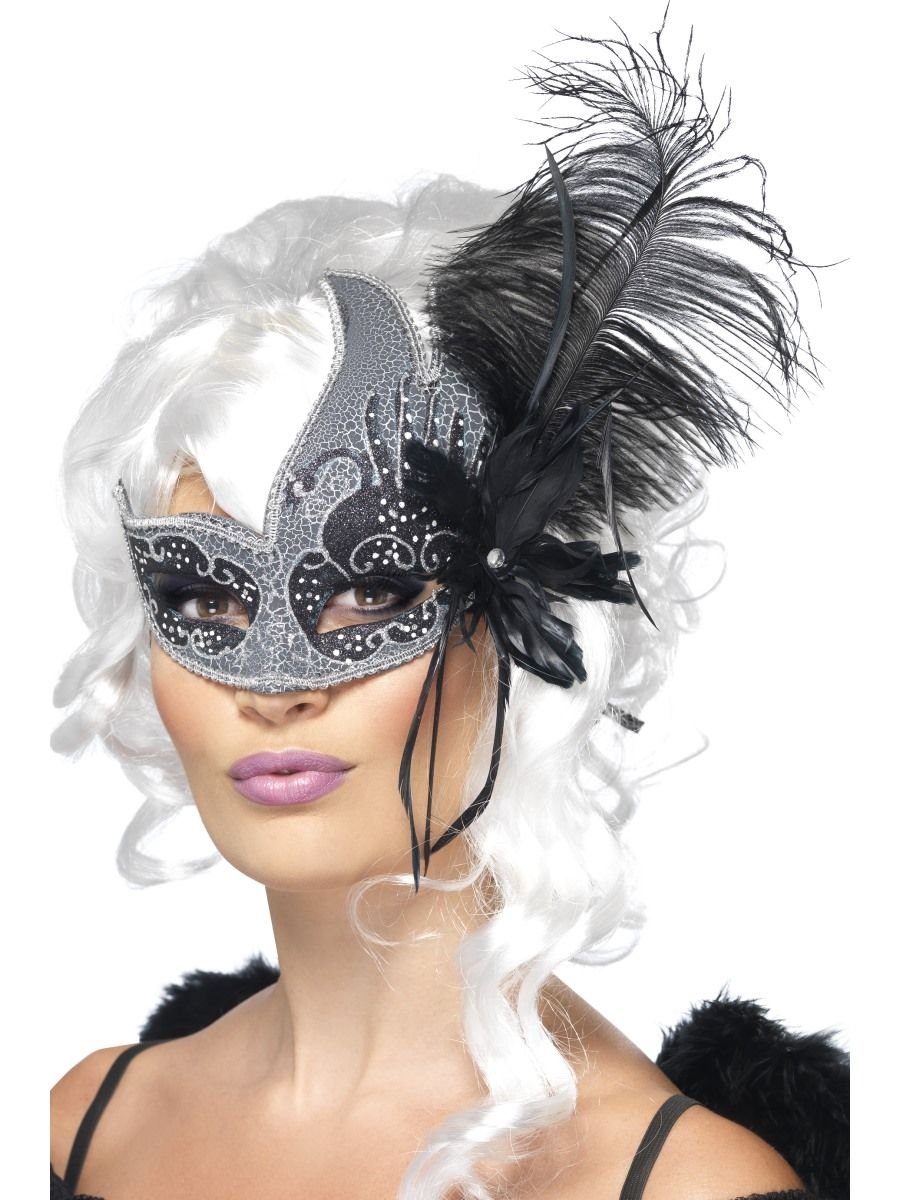 Smiffys Masquerade Dark Angel Eyemask, Silver & Black with Tie Sides & Feathers, Eyemasks Fancy Dress - Image 2