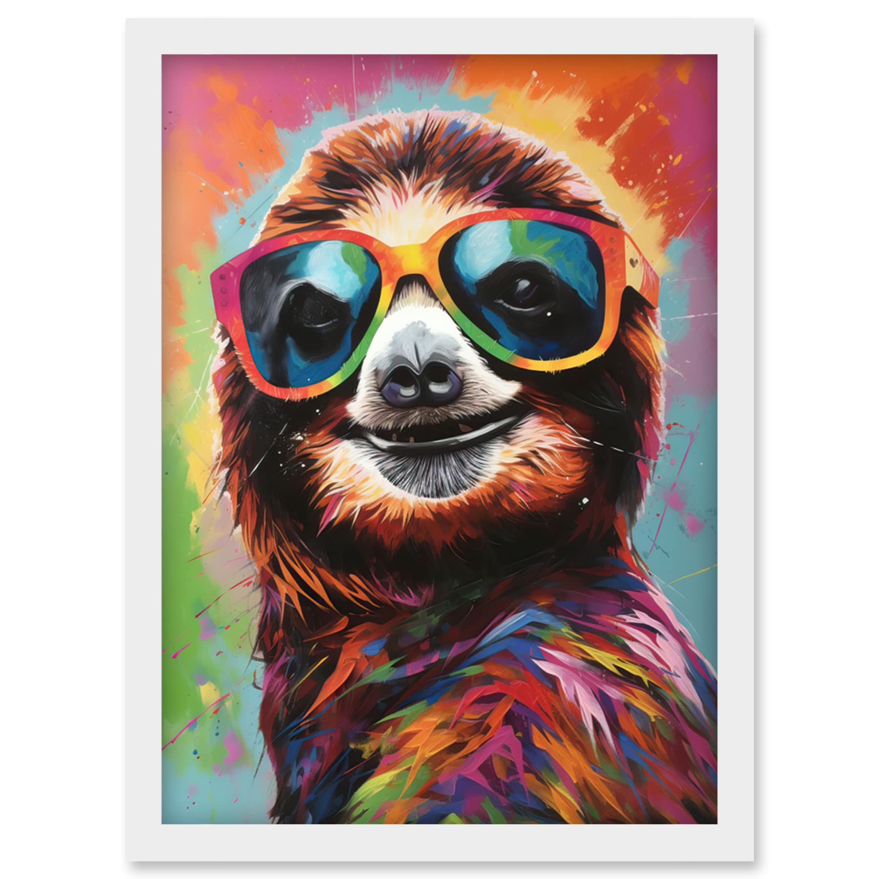 Artery8 Multicoloured Smiling Sloth Wearing Sunglasses Artwork Framed Wall Art Print A4