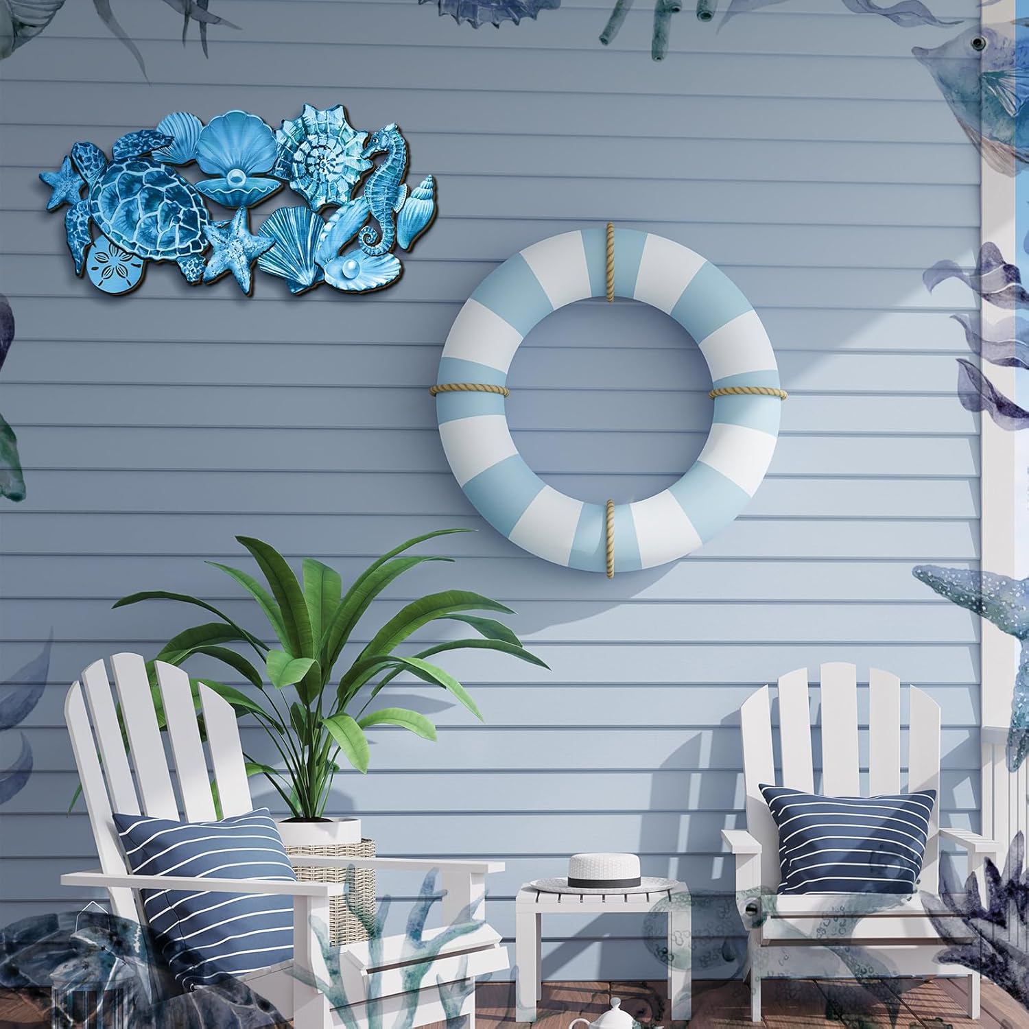 Qunclay Summer Ocean Themed Wall Decorations Sea Horse Shell Coastal Wood Sea Turtle Starfish Ocean Voyage Wall Hanging Decor for Home Pool Living Room Bedroom Outdoor Art, 15.8 Inch - Image 5