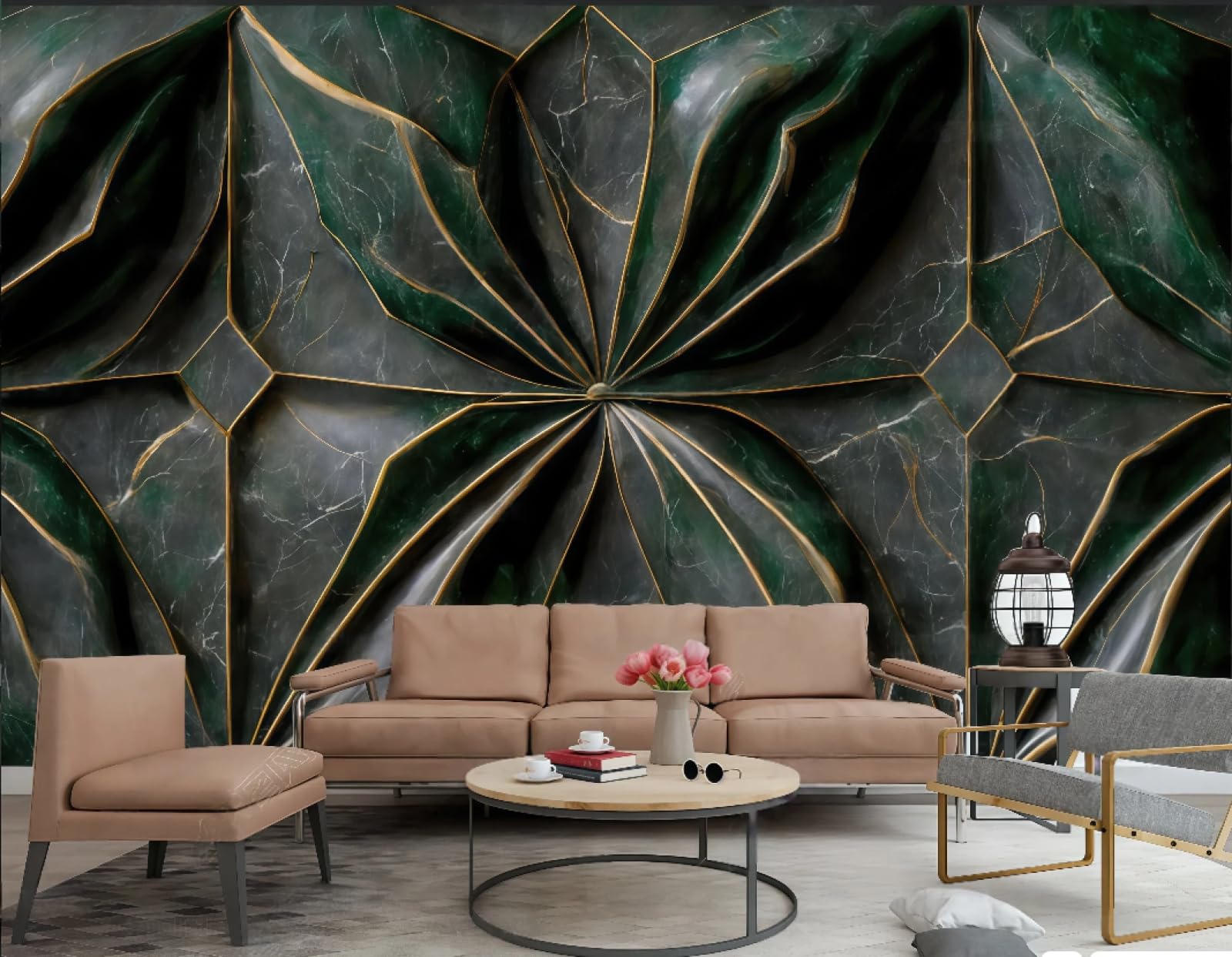 Tapeta trójwymiarowa złota linia romb skała relief abstrakcyjny kamień szlachetny zielony marmurowy wzór TV sofa tło tapeta ścienna salon restauracja kawiarnia mural, 3D, 200 x 140 cm
