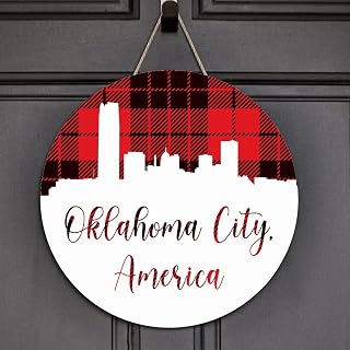 Welcome Sign America Oklahoma City Round Wooden Signs City Landscape Silhouette Sign Landscape Artwork Vintage Wood Hanging Wall Art For Home Laundry Room Kitchen Bedroom Housewarming Gift 10x10in