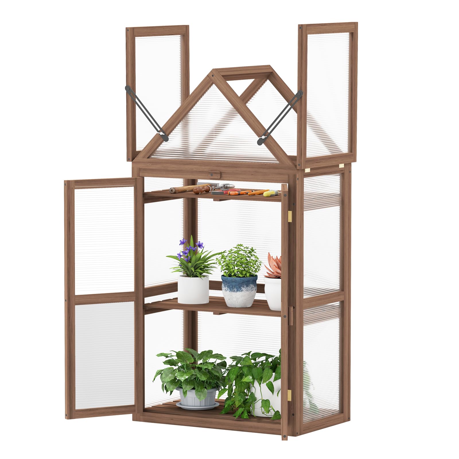 COSTWAY Frühbeet Mini Gewächshaus, 3-stöckiges Pflanzenbeet mit aufklappbarem Dach, Anzuchthaus mit 2 Türen, Treibhaus aus Holz & Polycarbonat, Aufzuchtschrank für Balkon Garten, Braun, 71x41x145cm