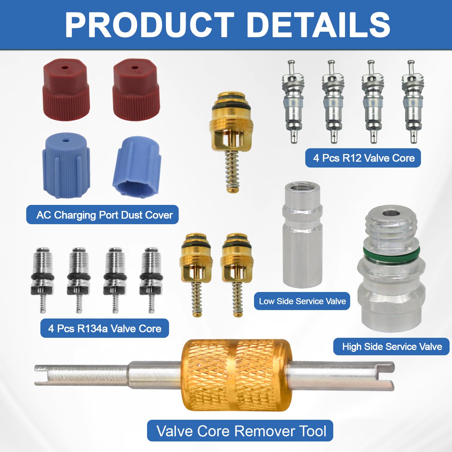 Kit Nucleo Valvola Aria Condizionata, Sistema di Refrigerazione A/C R12 e R134a Nucleo Valvola AC Service Port Tappo di Tenuta A/C Strumento di Rimozione Nucleo Valvolas Service Valves