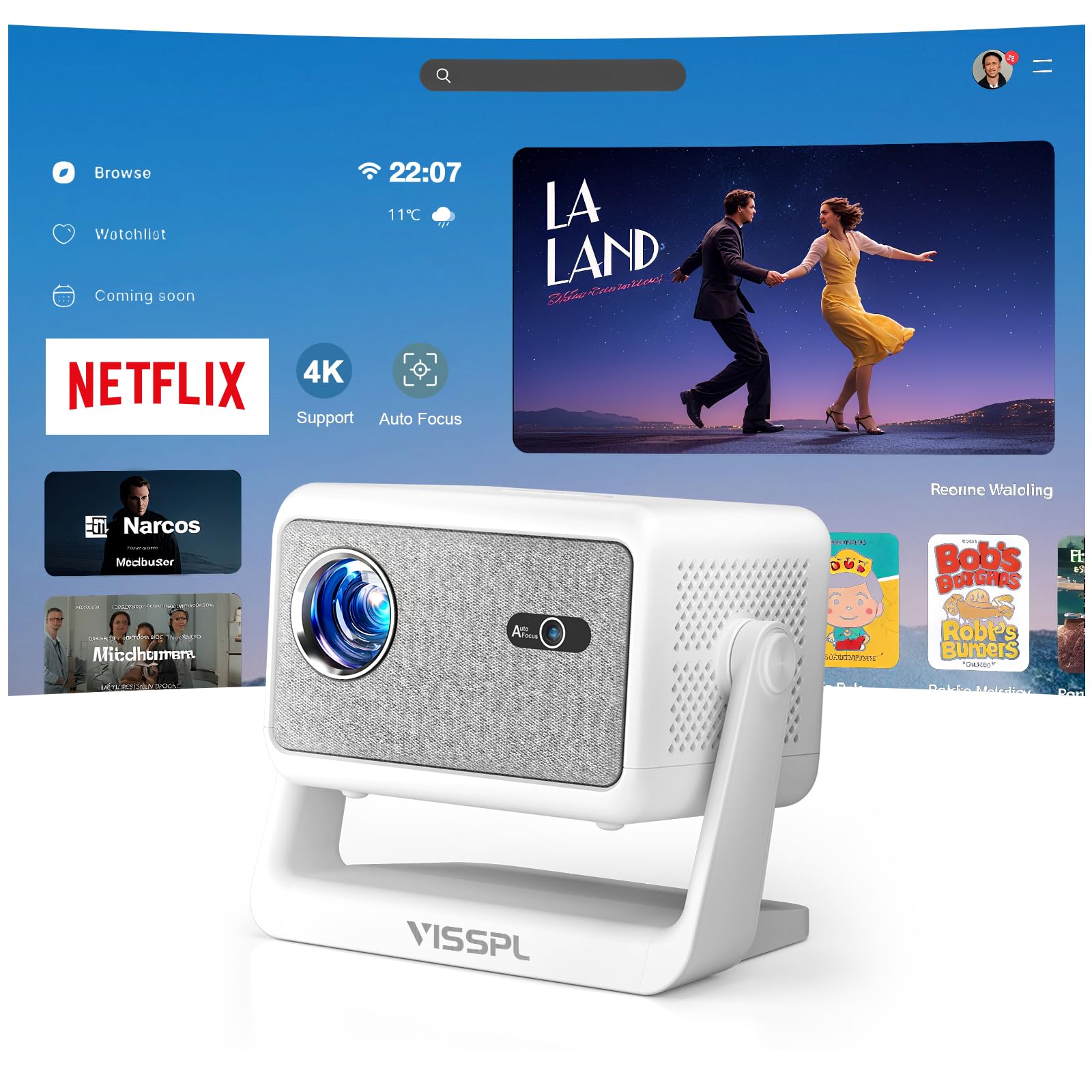 【Compatible with Netflix & Auto focus 】VISSPL Smart Projector with WiFi and Bluetooth, Auto Focus & Keystone Protable Mini Projector with Stand, 4K Home Theater Projector
