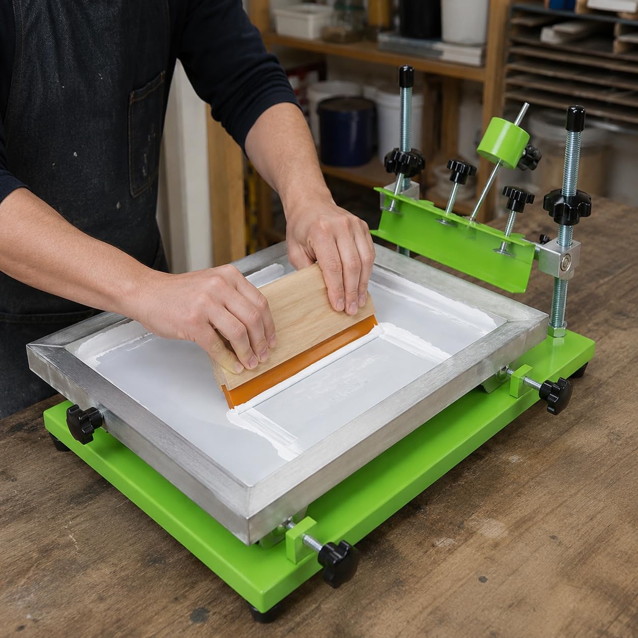Ręczna prasa do sitodruku z płaskim blatem roboczym (405 x 310 mm) | zawiera raklę do drukowania na tekstyliach, drewnie, tworzywie sztucznym, papierze i powierzchniach metalowych