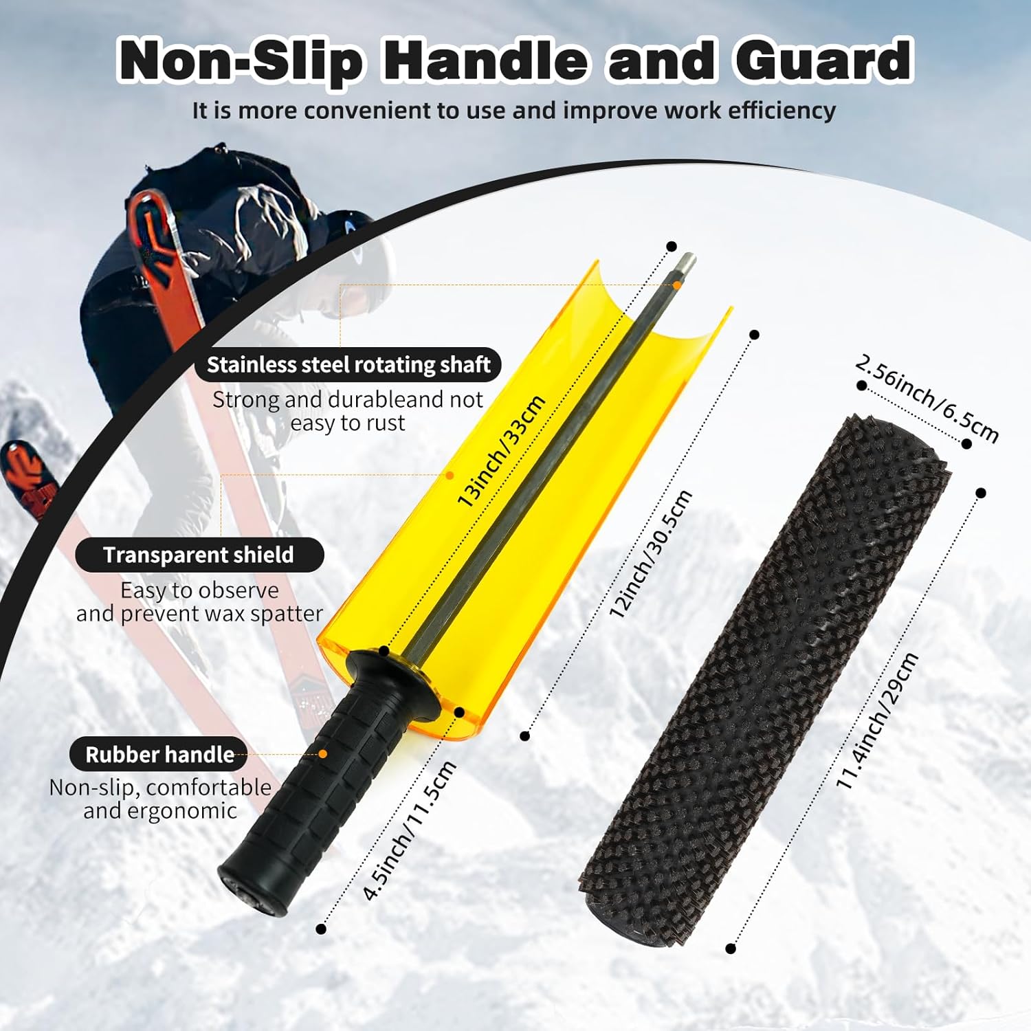 300mm Ski Roto Brush Kit Roto Brush Handle Axle with All 2 Brushes (Horse Hair and Nylon) with Protector Storage Bag, Handle Ski Rotation Brush Kit Using on Electric Drill