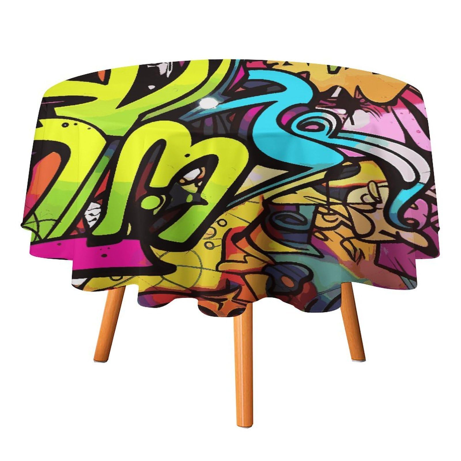 Fekiloot Style Graffiti Drawing Round Tablecloth - Heavy Duty And Washable,Polyester Decorative Fabric Table Cover,Tablecloths For Kitchen Dining, Wedding, Birthday Party50x50in