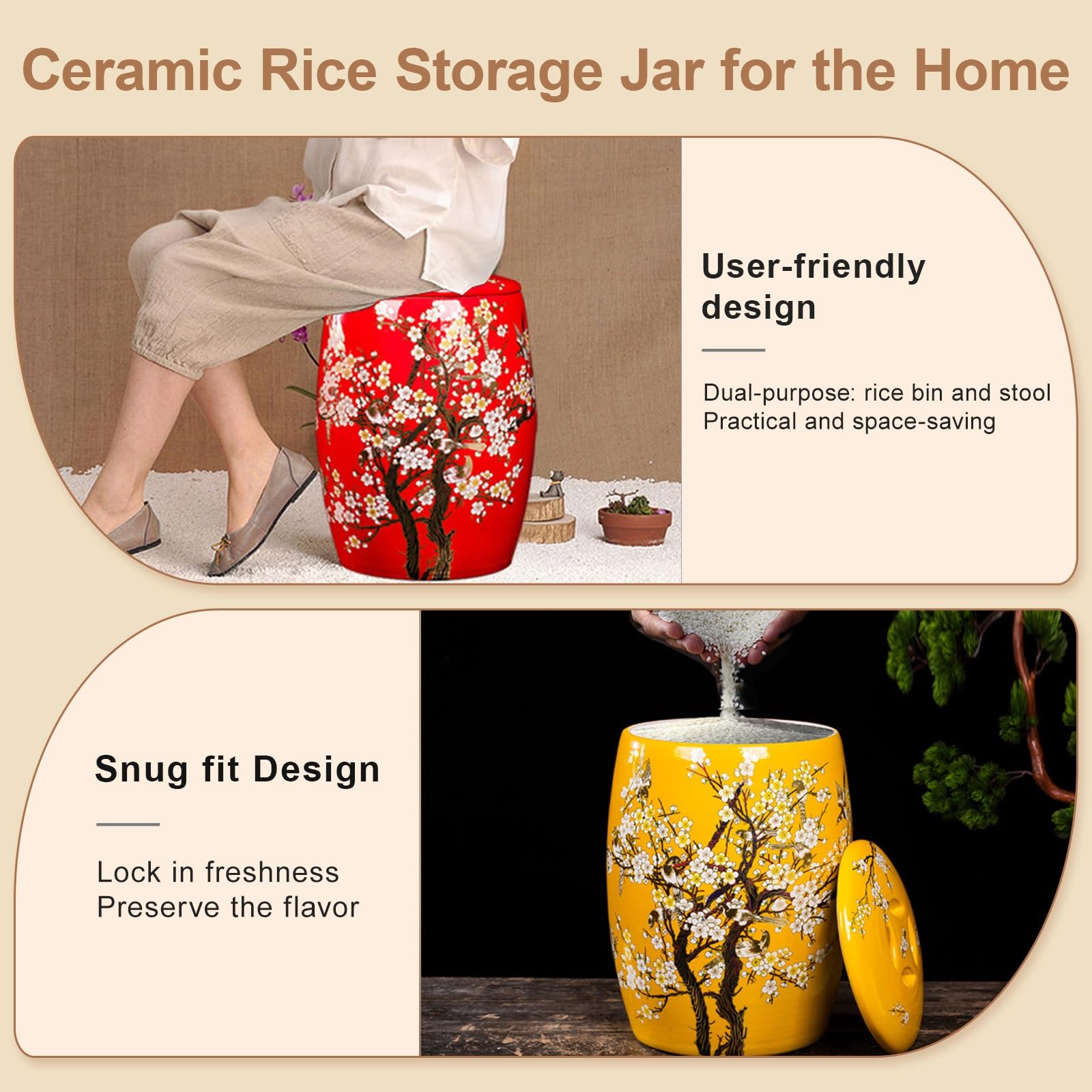 Secchio Per Riso In Ceramica Con Coperchio, Dispenser Per Cereali | Recipiente per la conservazione alimentare, design ad alta capacità, scatola porta riso, farina, noci(B,30x38cm/11.8x14.9in)