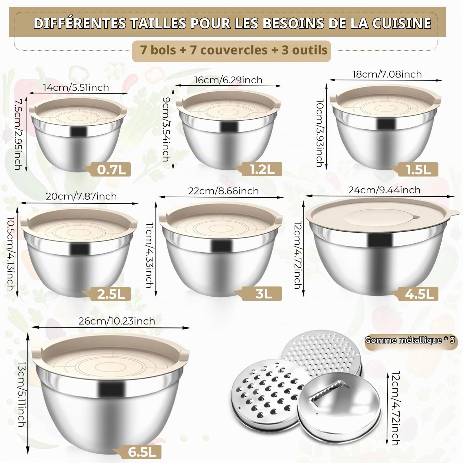 Lot de 7 Saladiers en Acier Inoxydable avec Couvercles, Bols Mélangeurs Empilables, incluant 3 Râpes & Accessoires de Cuisine, pour Pâtisserie, Préparation et Conservation (Ø14–26 cm)