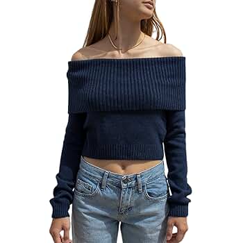 Women Y2K Off Shoulder Sweater Long Sleeve Fold Over Crop