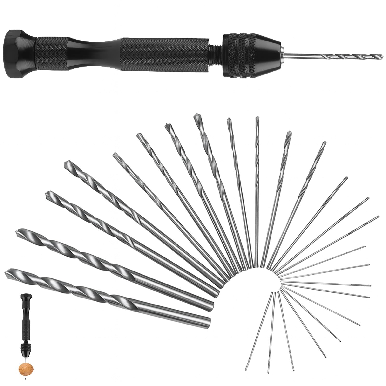 Mini Taladro de Mano Negro + 25pcs Brocas de Torcedura, Mini Taladro Manual de Precisión para Modelismo y Manualidades, Herramienta Pequeña para Bricolaje y Artesanía
