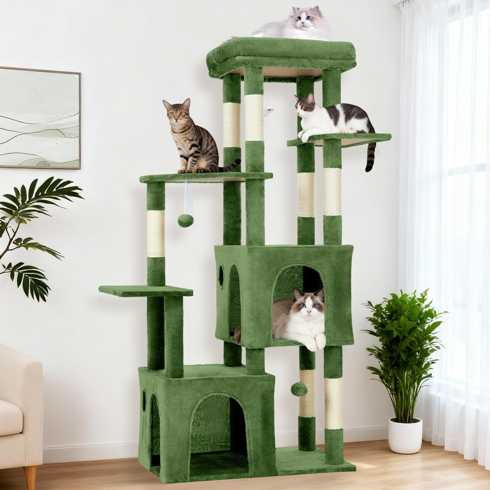 Heavy-Duty 61" Multi-Level Cat Tree Tower for Large Indoor Cats & Maine Coons – Extra-Large Perch, 2 Spacious Condos, Sturdy Sisal Scratching Posts, Play Toys, Stable Modern Activity Center
