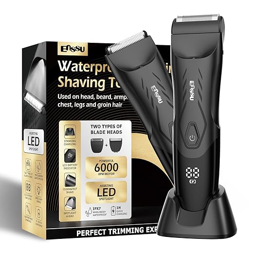 ENSSU Aparador de pelos corporais para homens: aparador e barbeador 2 em 1 com luz LED para testículos/púbis/virilha, aparador à prova d'água para homens, barbear sem cortes, aparagem suave