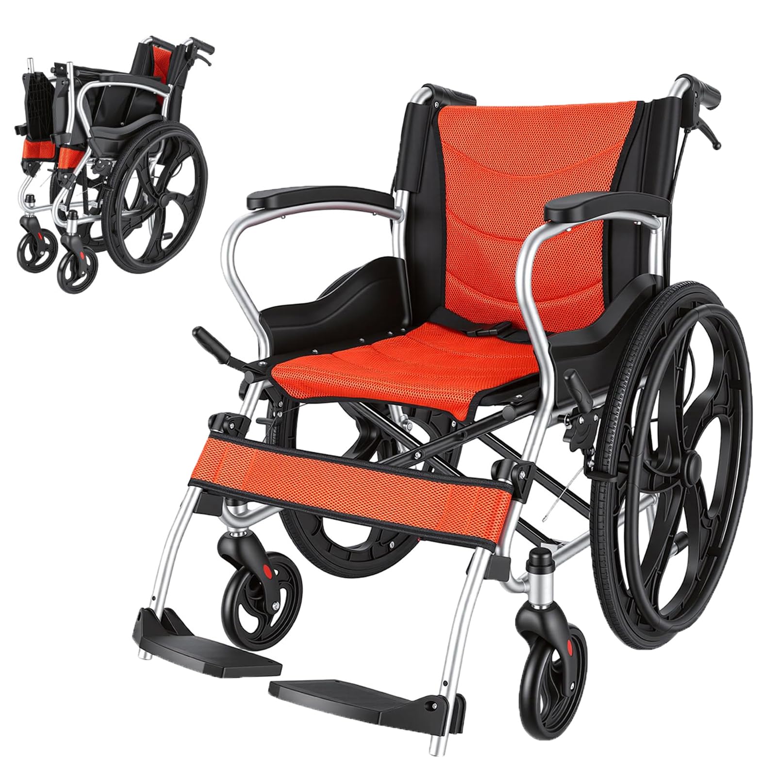 Silla de Ruedas Plegable Ligera de Aluminio con Ruedas Traseras 22" | 11.5kg Ligera, Doble Freno, Asiento Mesh Transpirable, Reposabrazos Ergonómicos, Neumáticos Antipinchazos, Sin Montaje