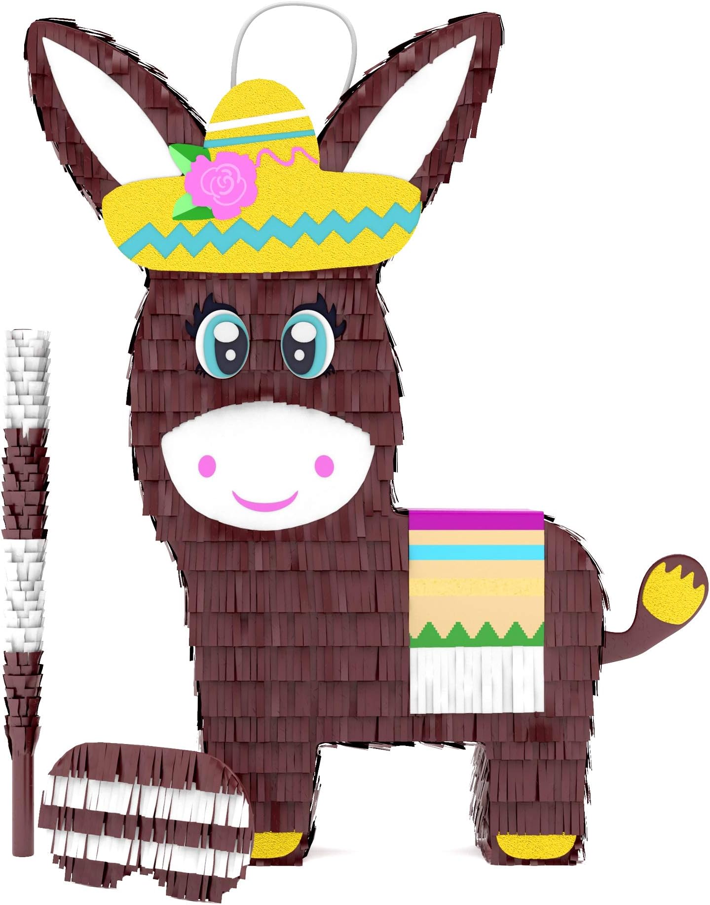 Donkey Pinata Bundle with a Blindfold and Bat ― Perfect Sized Pinata For Birthday Parties, Kids Carnival and Related Events ― Can Hold Up to 5 lbs of Candy ― Patent Pending (16 x 11 x 4 inches)