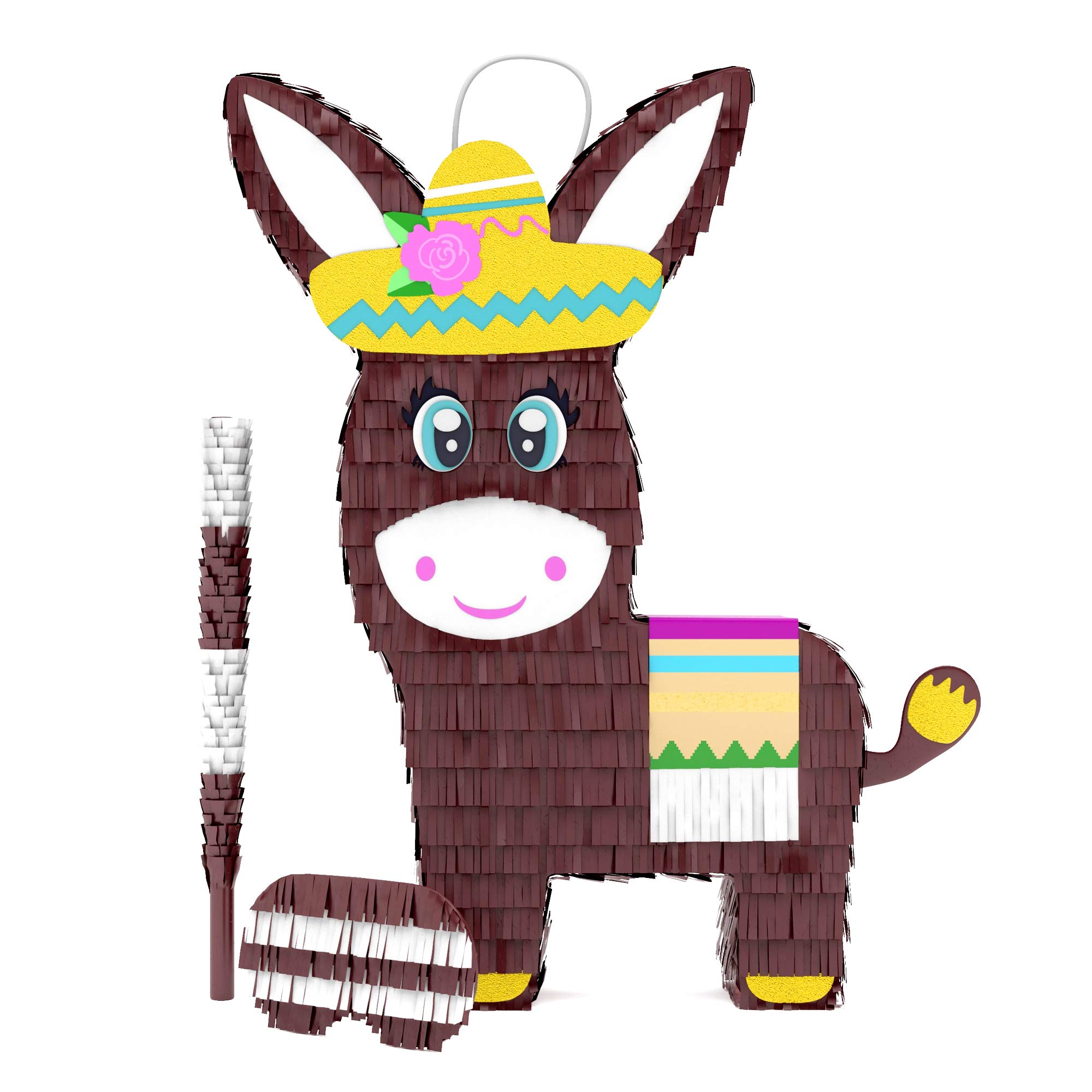Donkey Pinata Bundle with a Blindfold and Bat ― Perfect Sized Pinata For Birthday Parties, Kids Carnival and Related Events ― Can Hold Up to 5 lbs of Candy ― Patent Pending (16 x 11 x 4 inches)