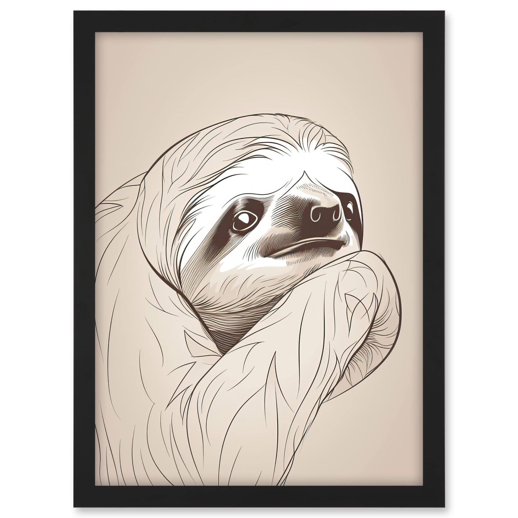 Artery8 Sloth Line Drawing Illustration with Highlights Artwork Framed A3 Wall Art Print