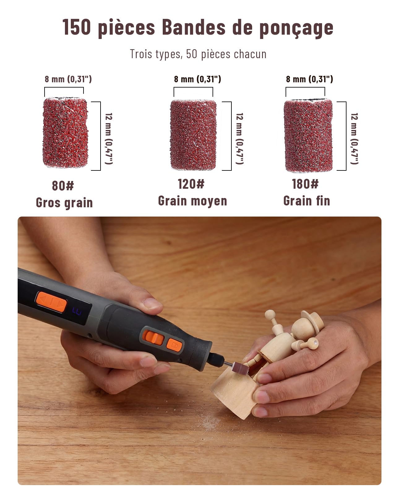 Katerk 150 Piezas Tambores de Lijado, Manguitos de Lijado Mini de 8 mm con Bandas de Lijado de Grano 80/120/180, Compatible con Limadoras de Uñas para Perros y Herramientas Rotativas