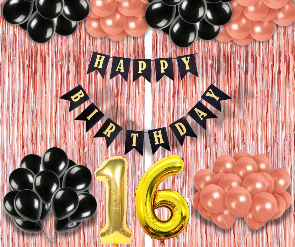 Image of 16th Birthday Decoration items for Girls with Black and Rose Gold Balloons, Black Happy Birthday Banner, Rose Gold Foil Curtain, Foil Balloon number 16