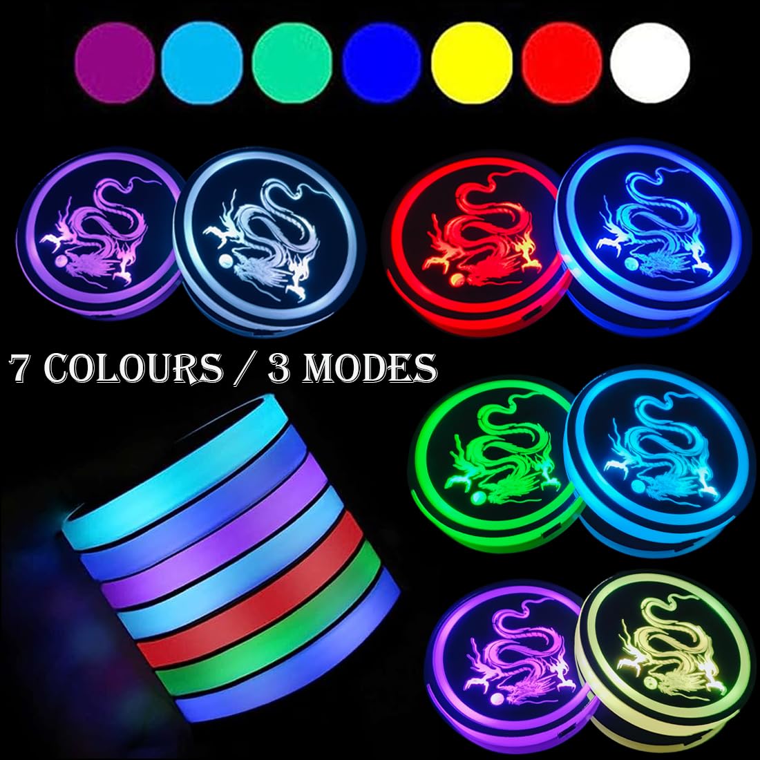Lot De 2 Porte-gobelets LED Voiture 7 Couleurs - Rechargeable USB, étanche, Détection Automatique - Accessoire Auto
