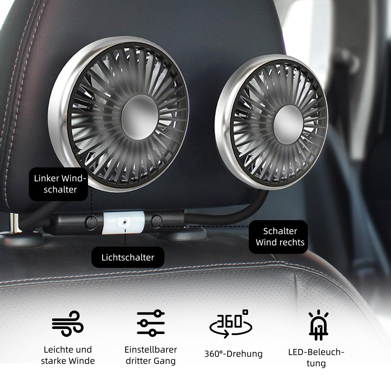 Ventilatore per auto, doppia testa per sedile posteriore, doppia ventola girevole a 360 gradi, ventola di raffreddamento USB auto con 3 velocità e 2 livelli di luminosità, luce LED per camion Van SUV