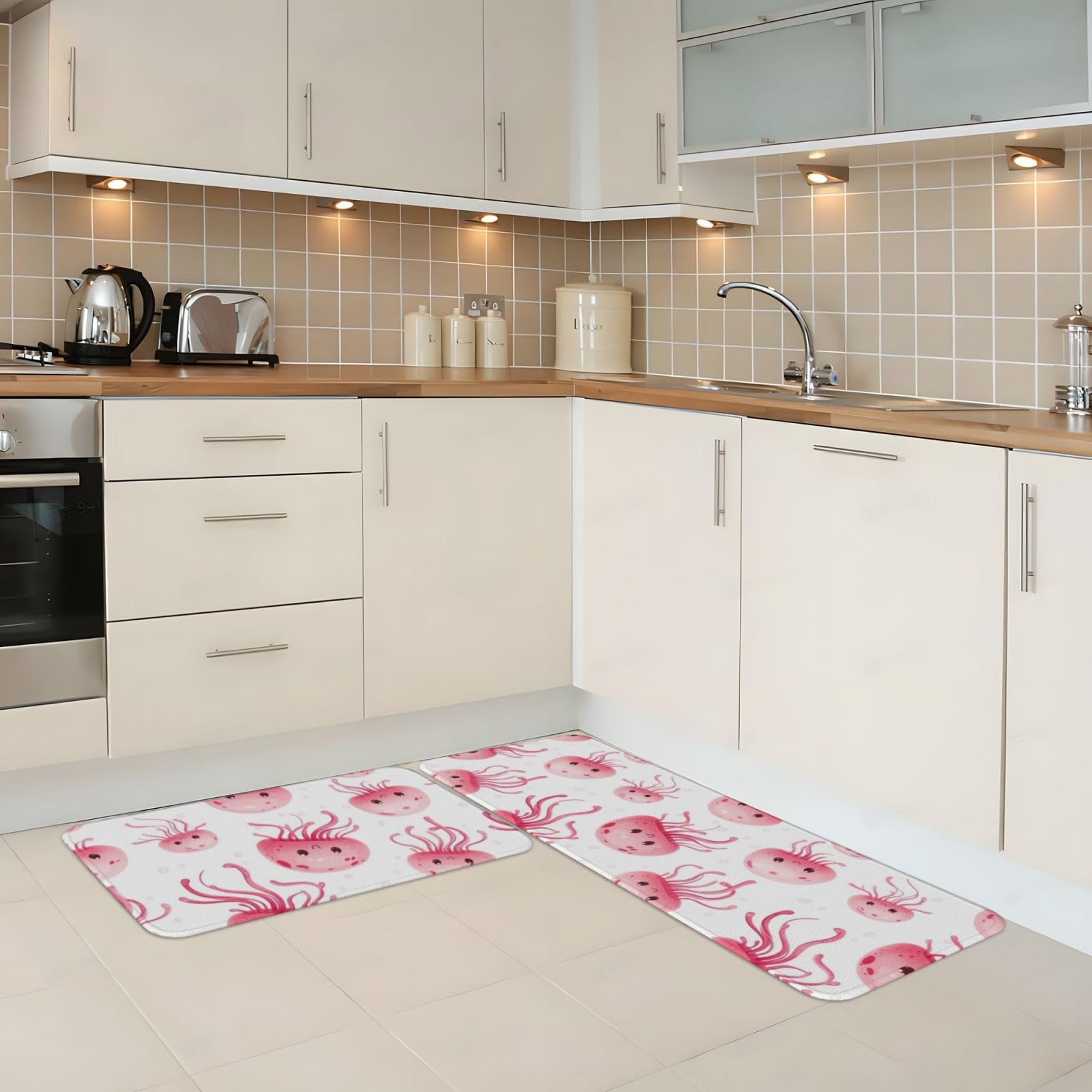 GVYGVY Antifatigue Kitchen Mats for Floor 2 Piece - Cute Pink Jellyfish Print Kitchen Rugs Washable, Non Slip Runner Rug Standing Mat for Office/Bathroom/Laundry/Home Decor and Accessories