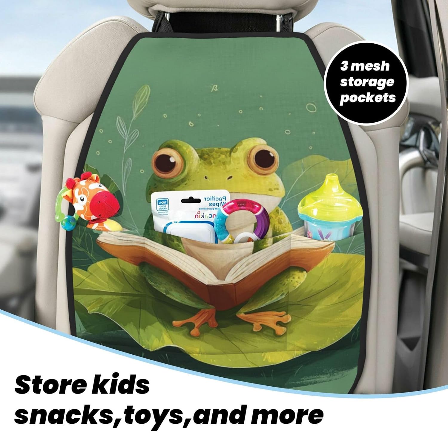 Car Seat Back Kick Protector 2 Pack 18.5x26.4 Inch, Green Frog Anti-Kick Pad, Waterproof Oxford Fabric Large Rear Seat Cover for Kids Pets Fits SUV Jeep Truck Sedan