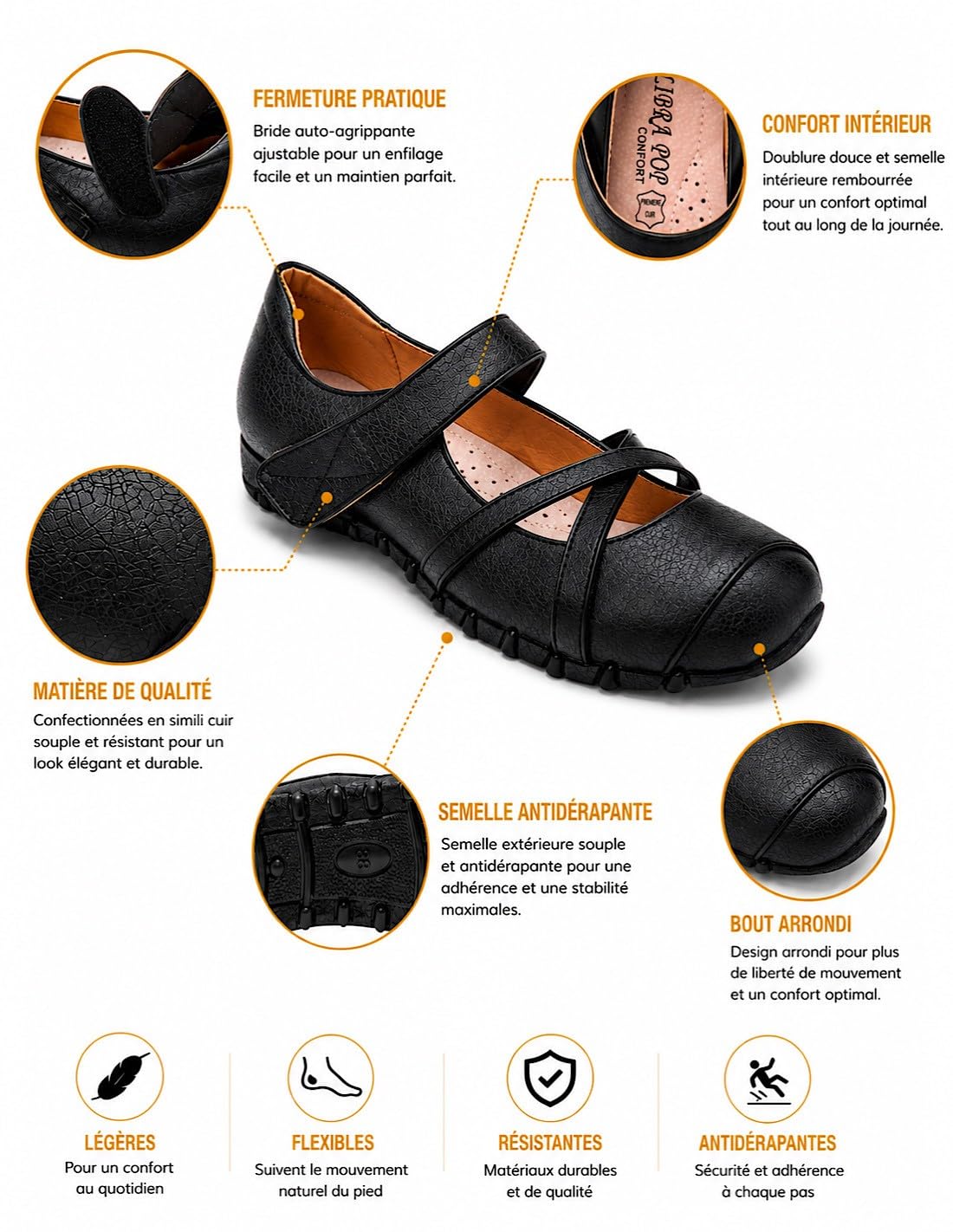 Chaussures Confort Femme Grande Pointure 41-44 Style Ballerines Confortables orthopédiques Semelle Cuir