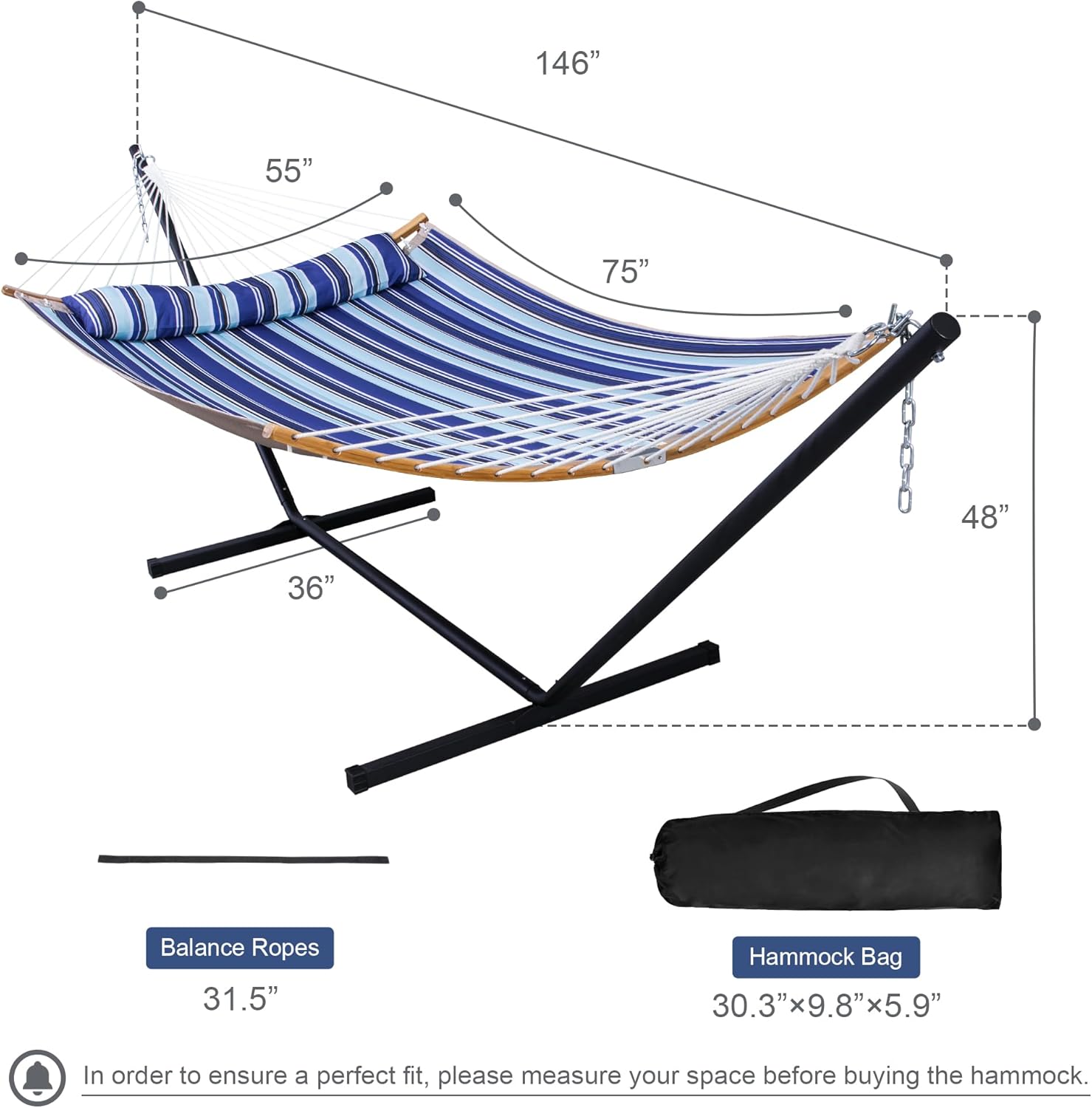 12 Ft Hammock with Stand for Outside, 2 Person Hammock Freestanding with Curved Spreader Bars, Pillow and Portable Bag, Heavy Duty 450 Lbs, Blue Stripes