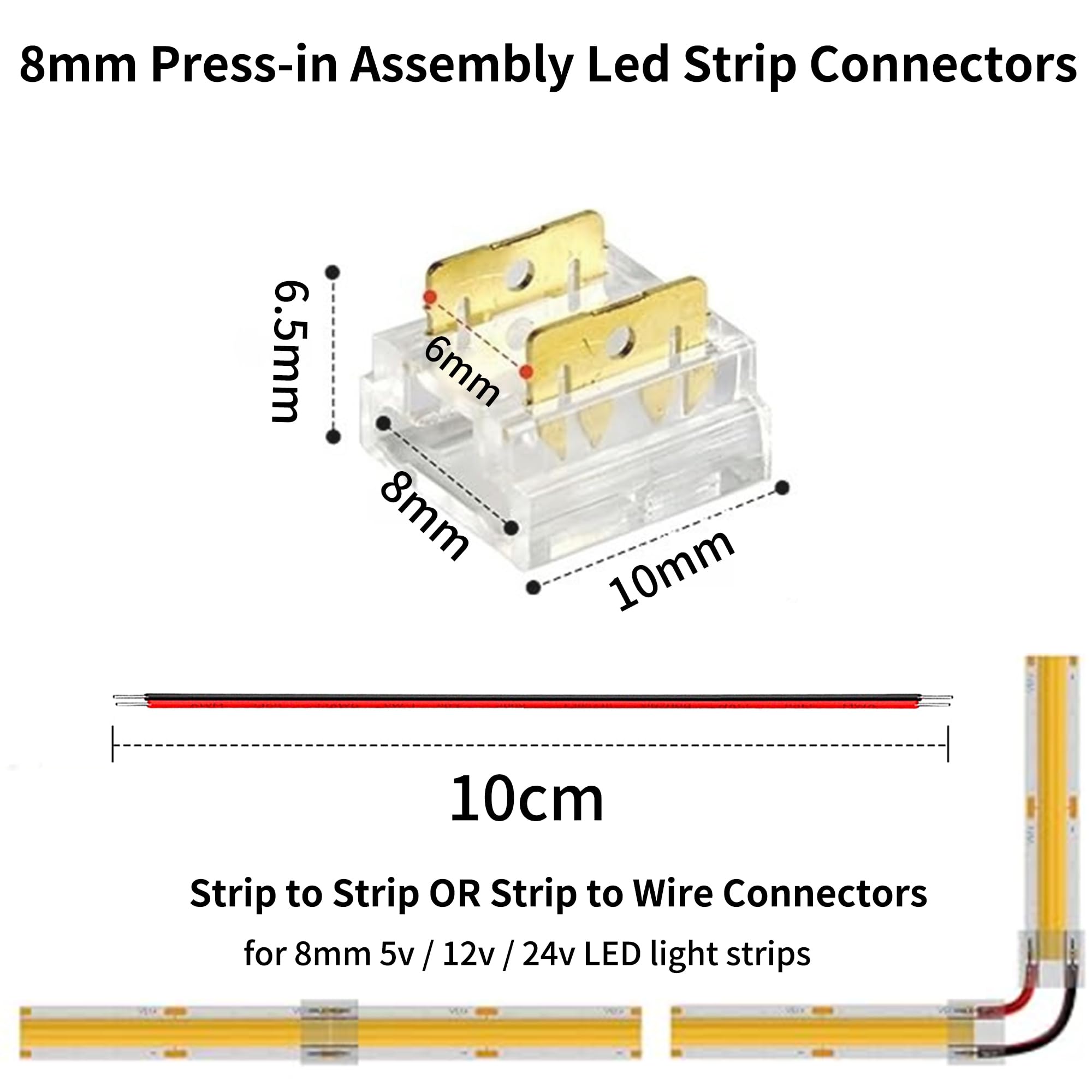 Clearhill 8mm 2Pin 20 Packs Press-in Assembly COB Led Strip Connectors,Ultra Slim,Strip to Strip OR Strip to Wire Connectors for Single Color 5V/12V/24V Light Strips,Transparent Terminal - Image 3