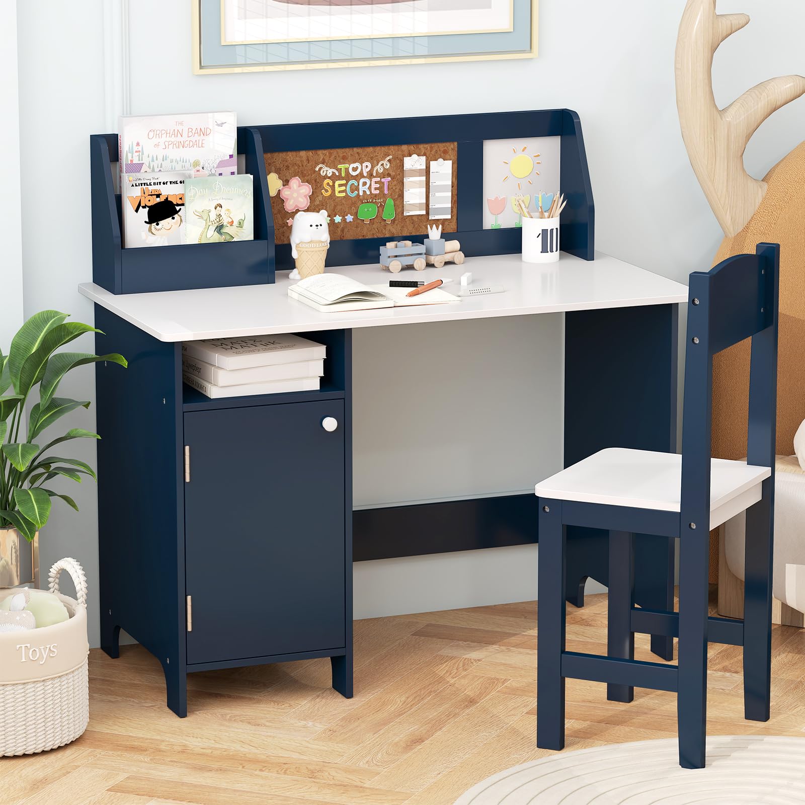 DREAMADE Bureau Enfant en Bois avec Chaise Ergonomique,Table d'Etude et Chaise Enfants avec Étagère,Tableau Blanc,Tableau d'Affichage,Marqueur,90x45x85,5CM (Bleu)
