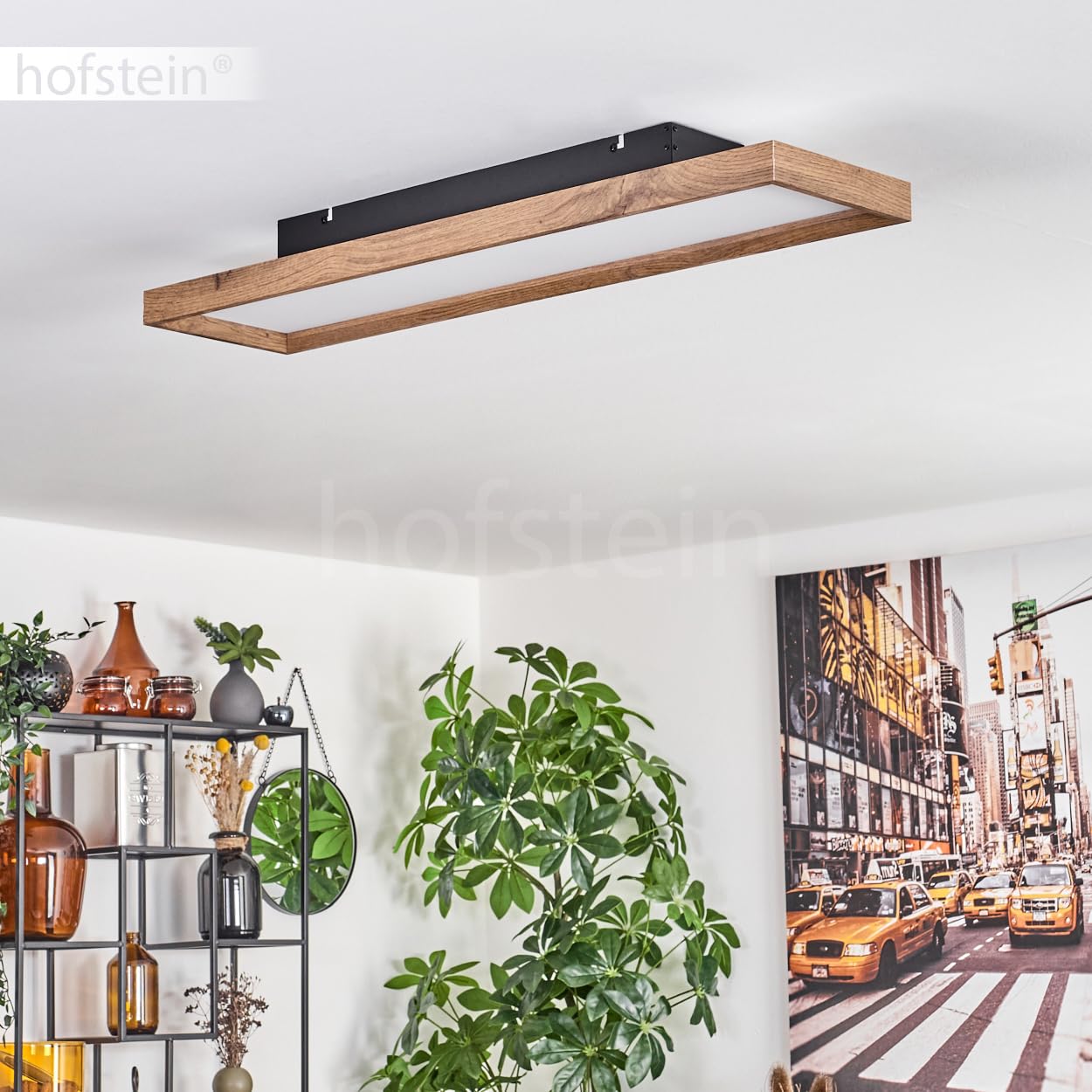 Plafón LED Longvic, moderno plafón de metal/MDF/plástico en negro/madera/blanco, longitud 80 cm, 24 vatios, 2650 lúmenes, 3000 Kelvin